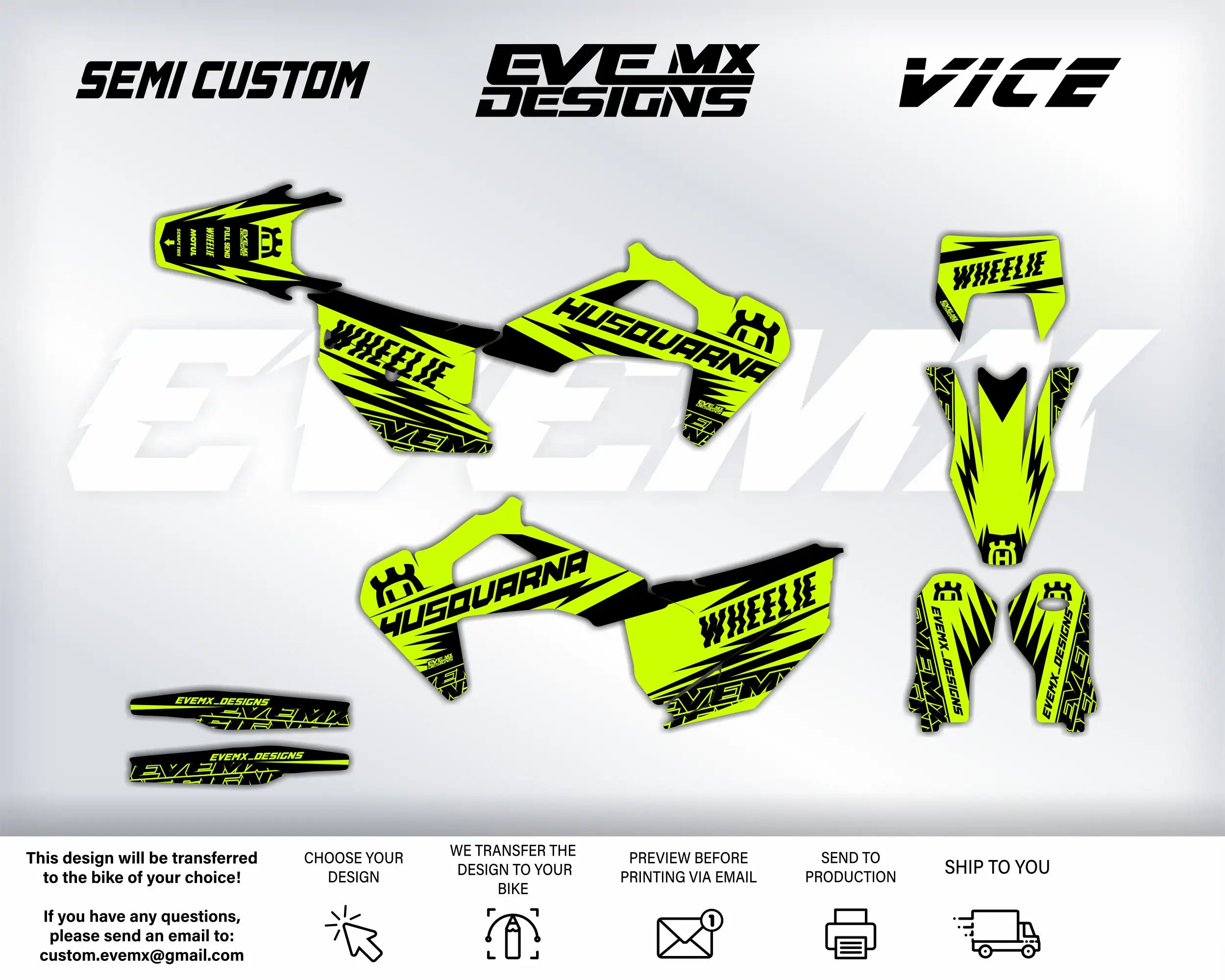 Yellow and black motorcycle decals with 'Vice MX Designs' EveMx Designs branding on a white background.