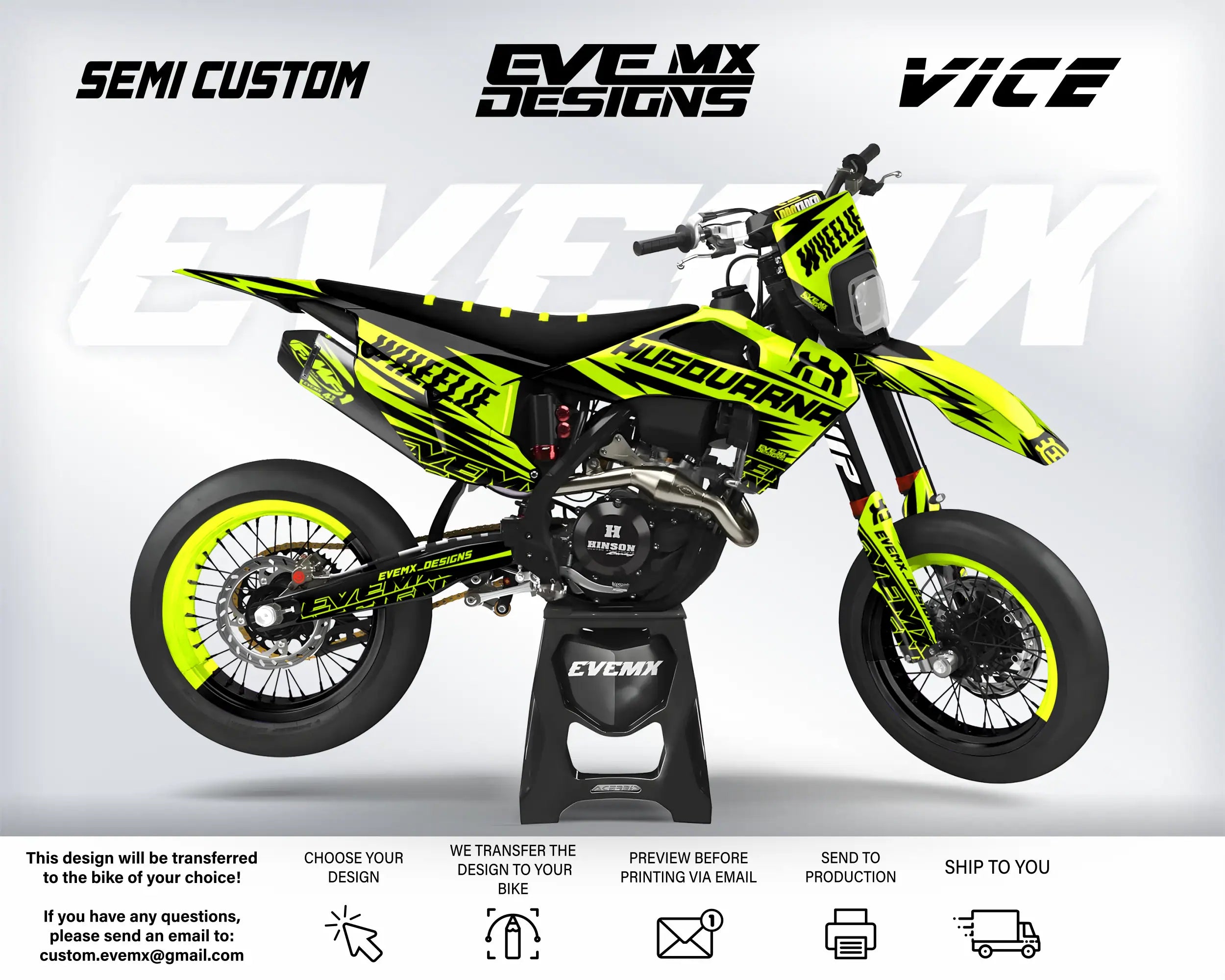 Motorcycle with bright yellow and black design on a white background, featuring EveMx Designs branding and customization options.