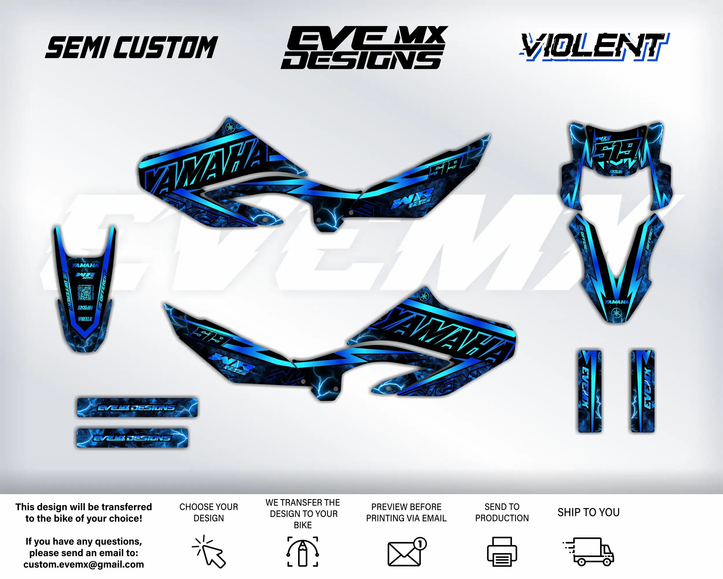 Motorcycle graphics kit with 'Semi Custom', 'EveMX Designs', and 'Violent' branding on a white background.
