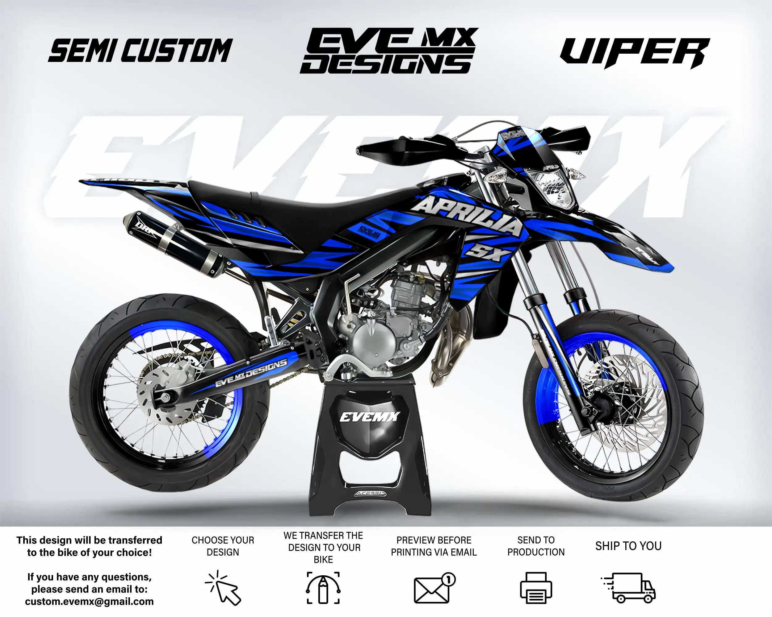 Motorcycle with 'EveMX Designs' and 'Viper' branding on a white background