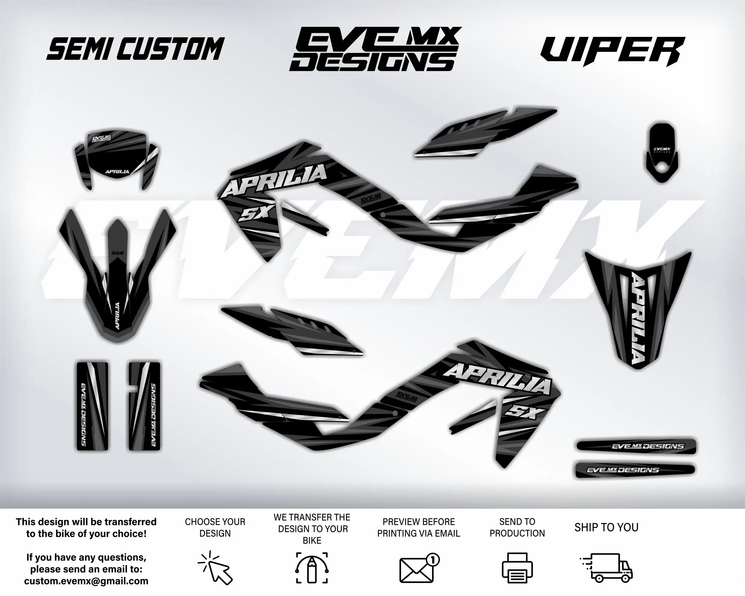 Motorcycle decals with 'Semi Custom', 'EveMX Designs', and 'Viper' branding on a white background.