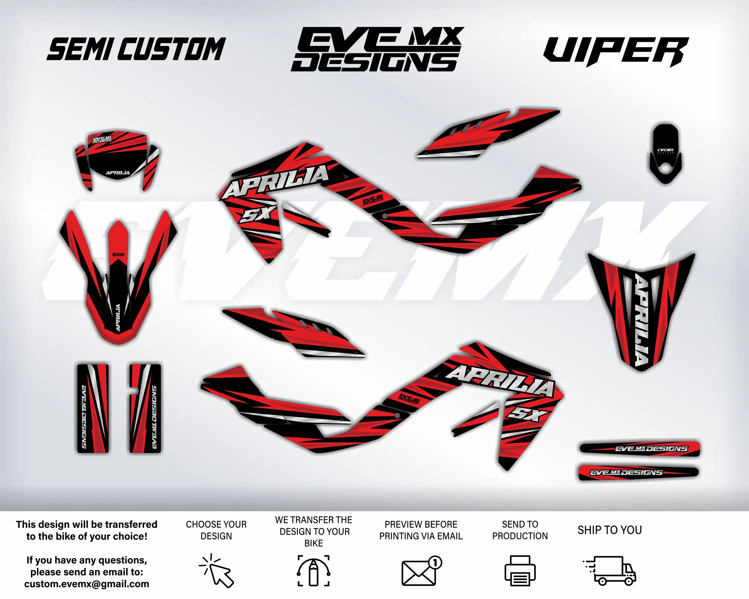 Motorcycle decals with Aprilia and Viper EveMX Designs branding on a white background