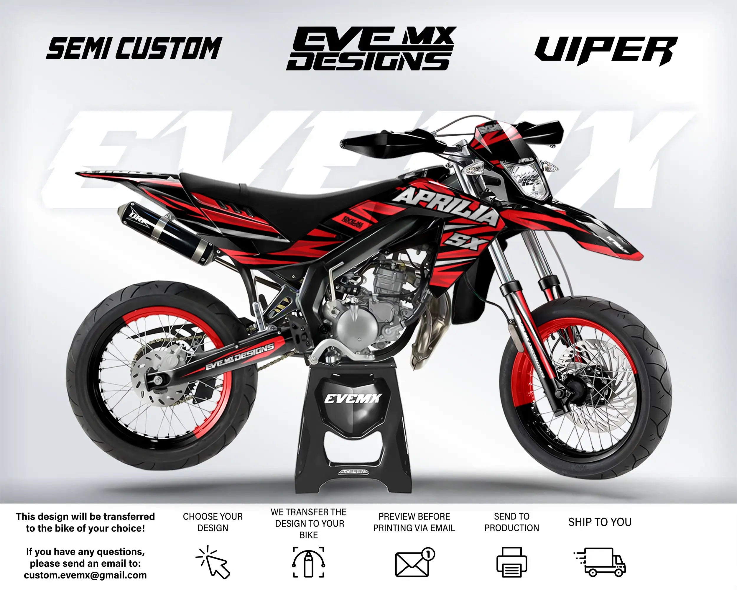 Motorcycle with 'EveMX Designs' and 'Semi Custom' branding on a white background