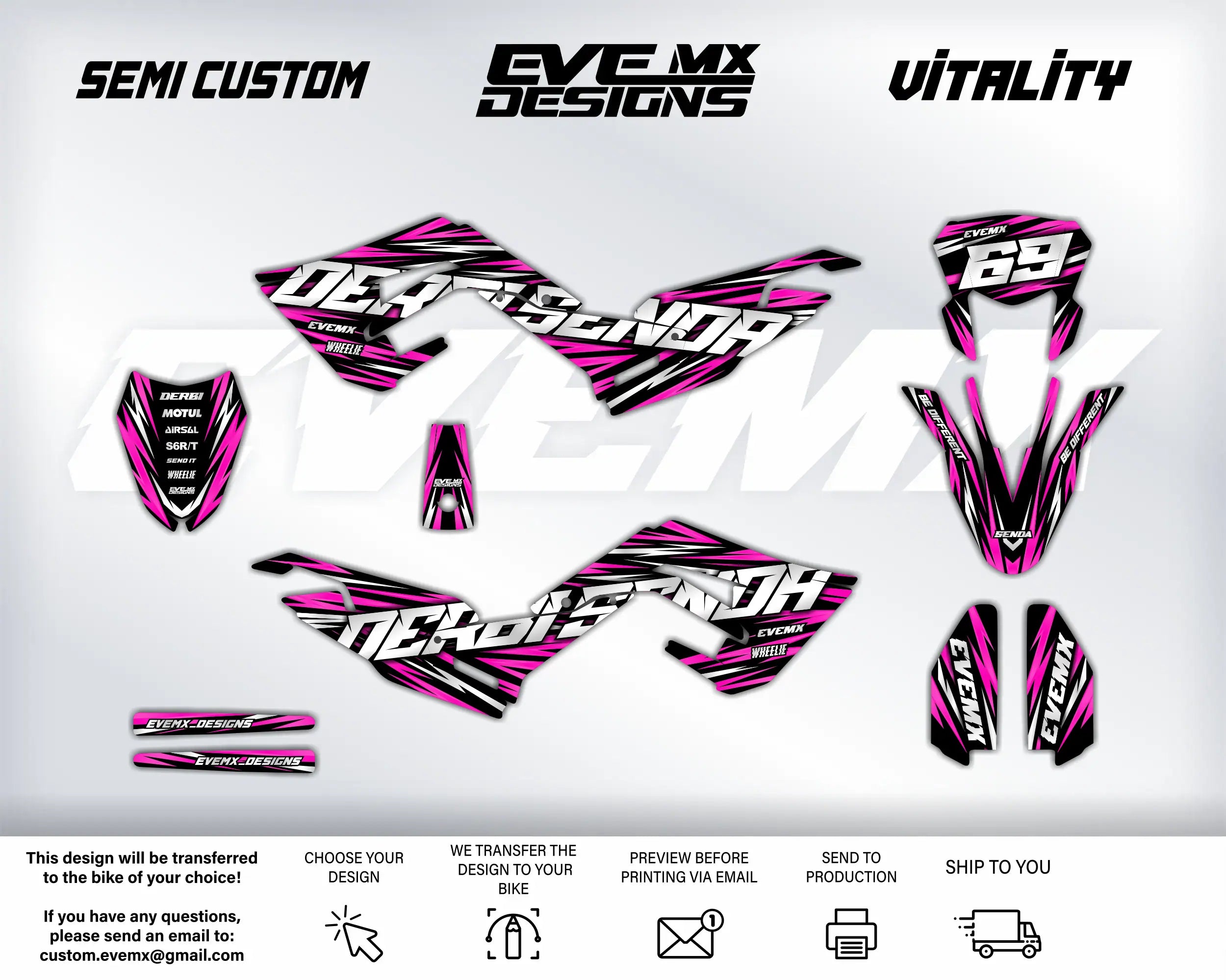 Motorcycle graphics kit with pink and black design on a white background, featuring brand names like EVEMX Designs.