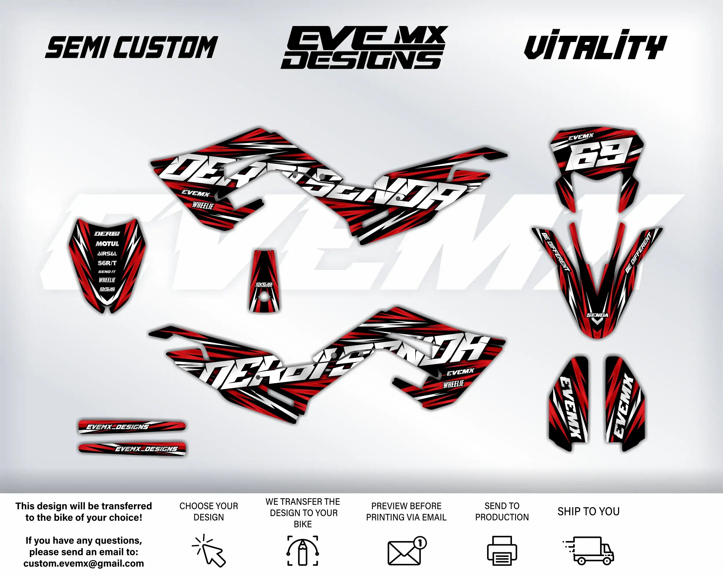 Collection of motorcycle decals with EveMX Designs branding on a white background