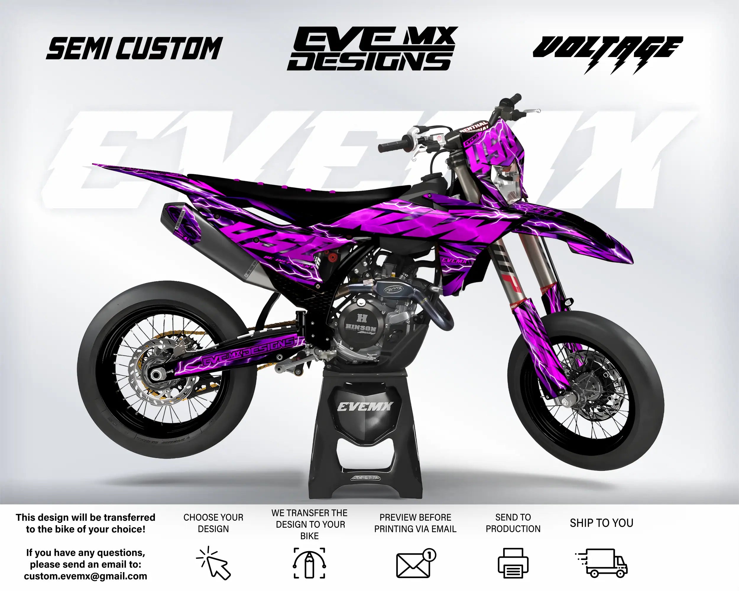 Purple dirt bike with 'EveMX Designs' branding on a white background