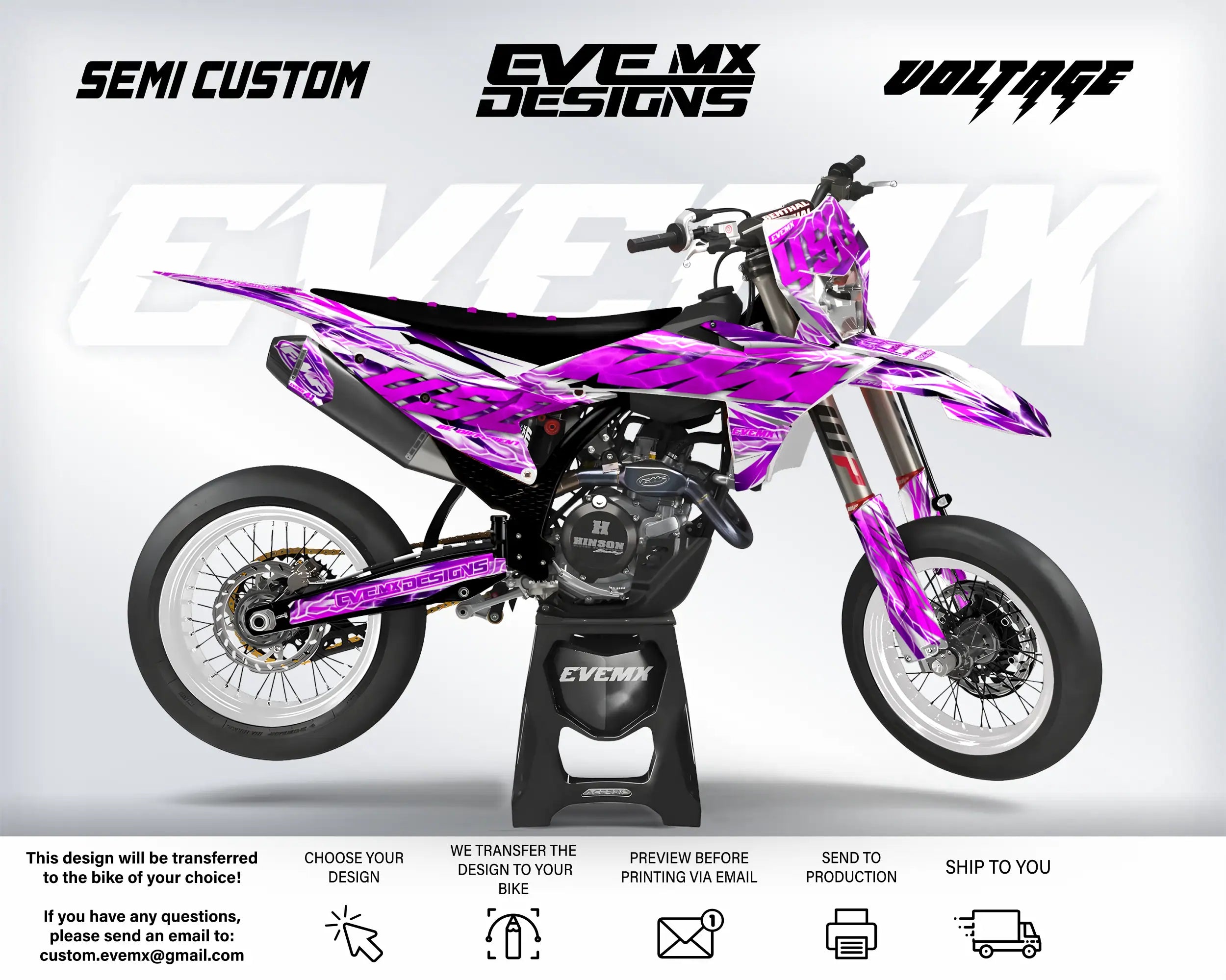 Motorcycle with purple and black design on a white background, featuring 'EveMX Designs' branding.
