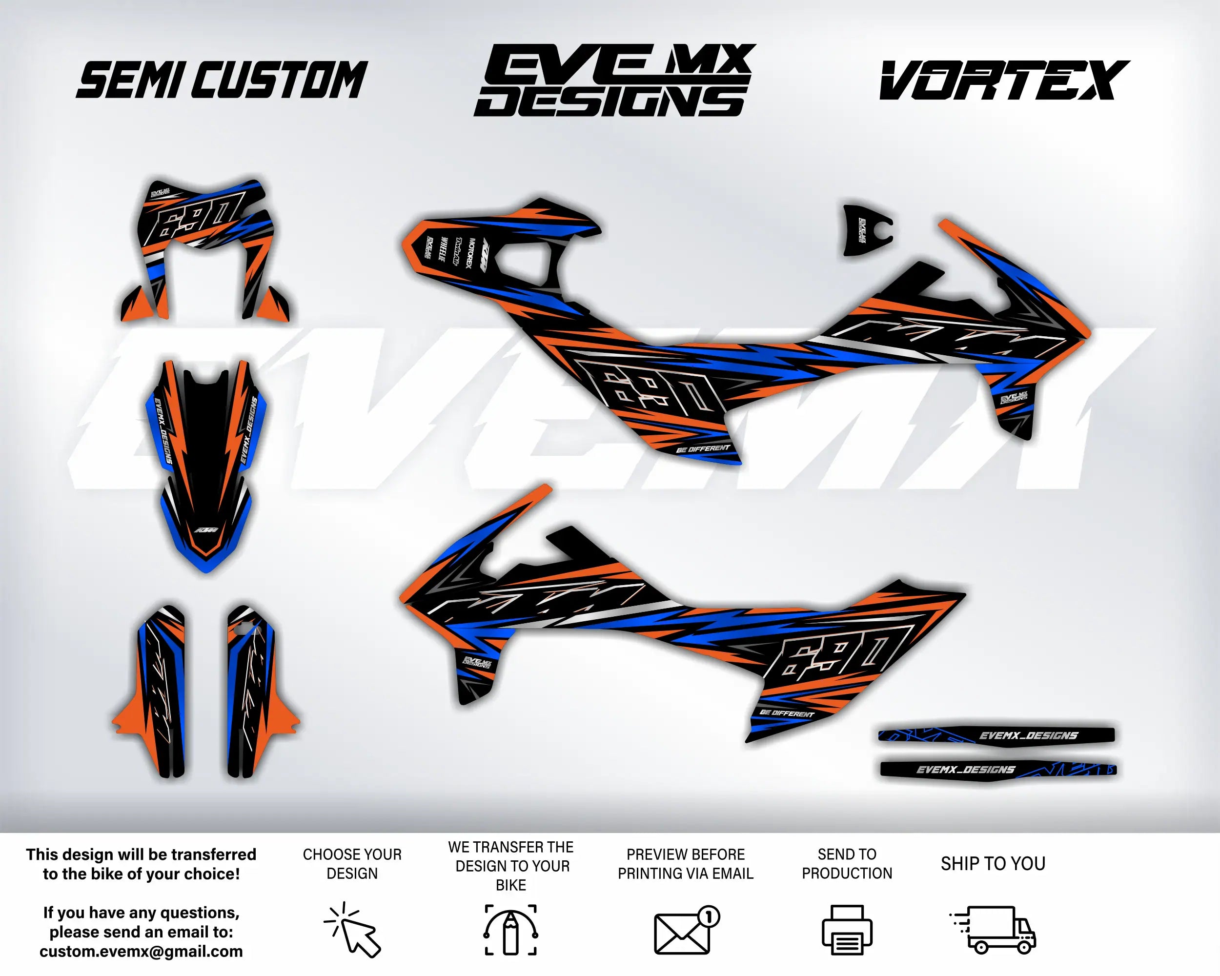 Motorcycle decals with 'EveMX Designs' branding on a white background