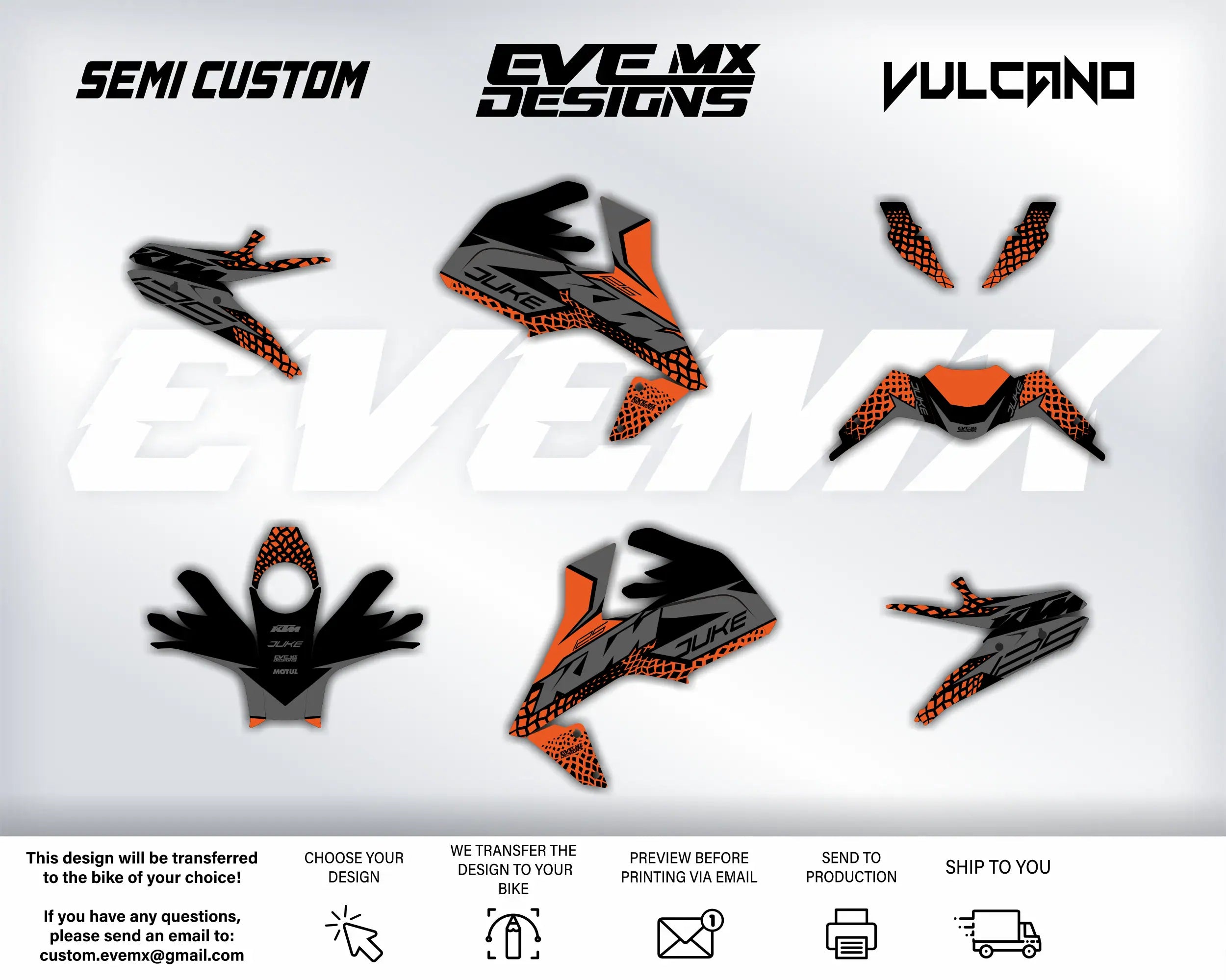 Collection of motorcycle decals with 'EveMX Designs' branding on a white background
