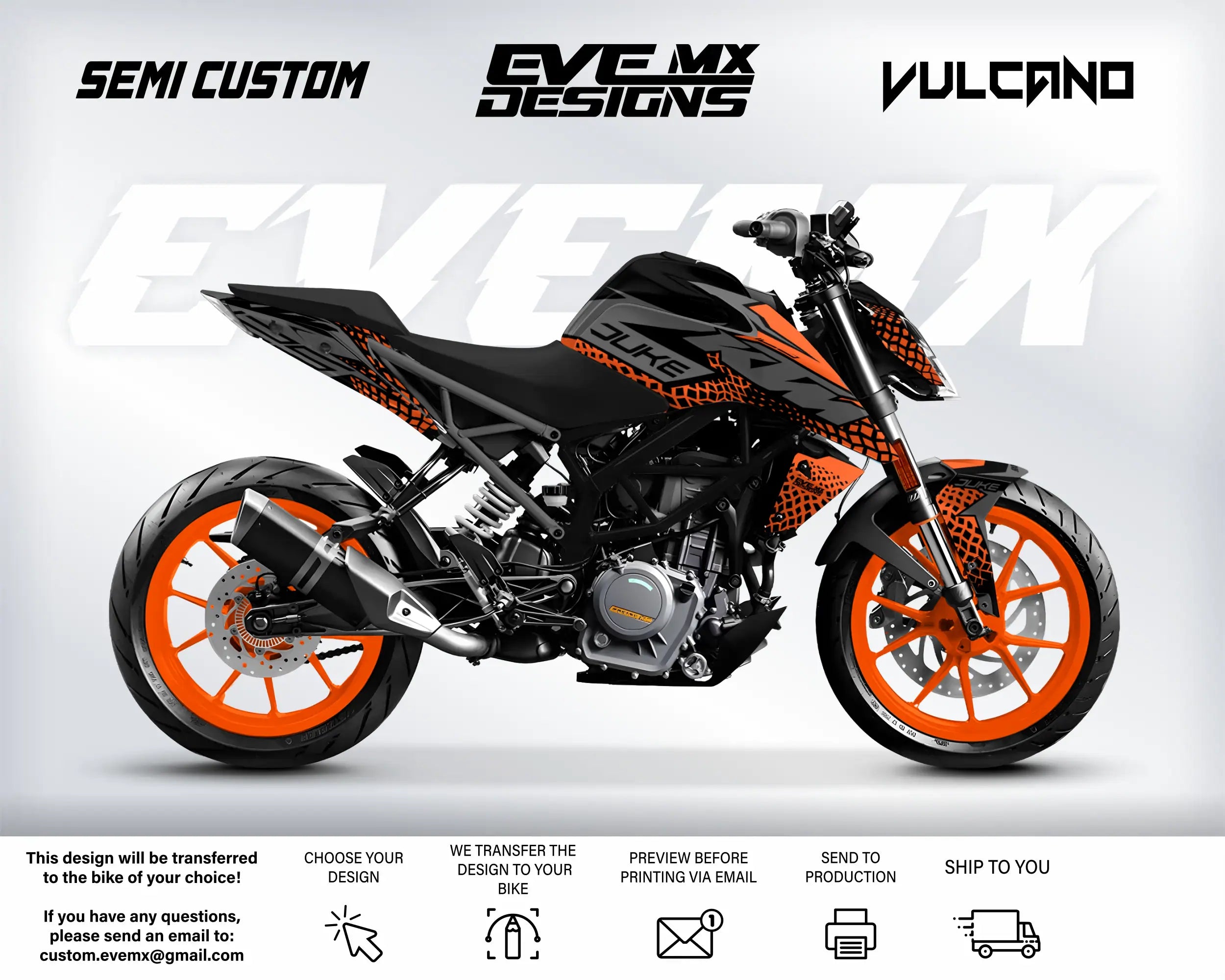 Motorcycle with orange and black design on a white background, featuring 'EveMX Designs' branding.