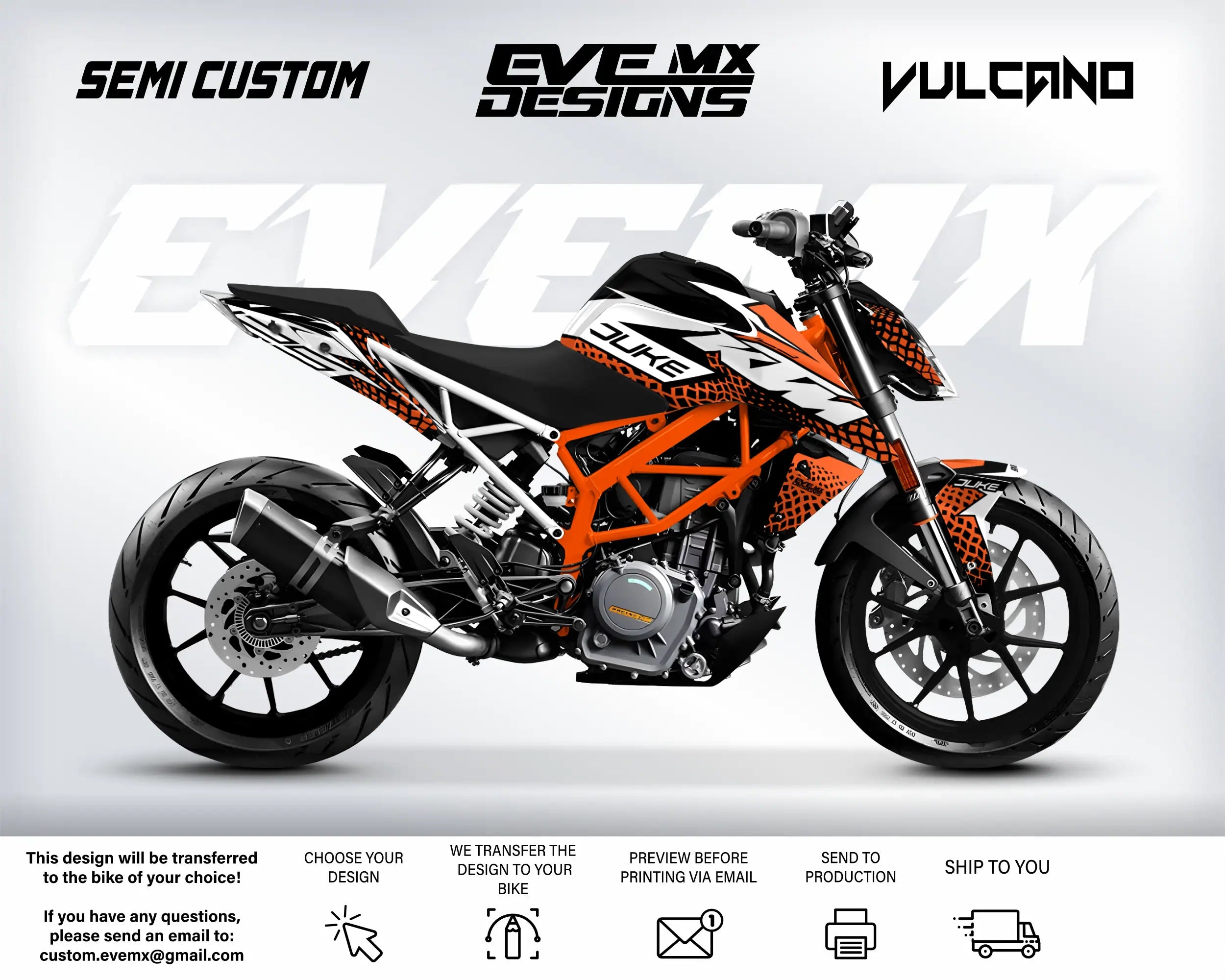 Motorcycle with 'EveMX Designs' branding on a white background