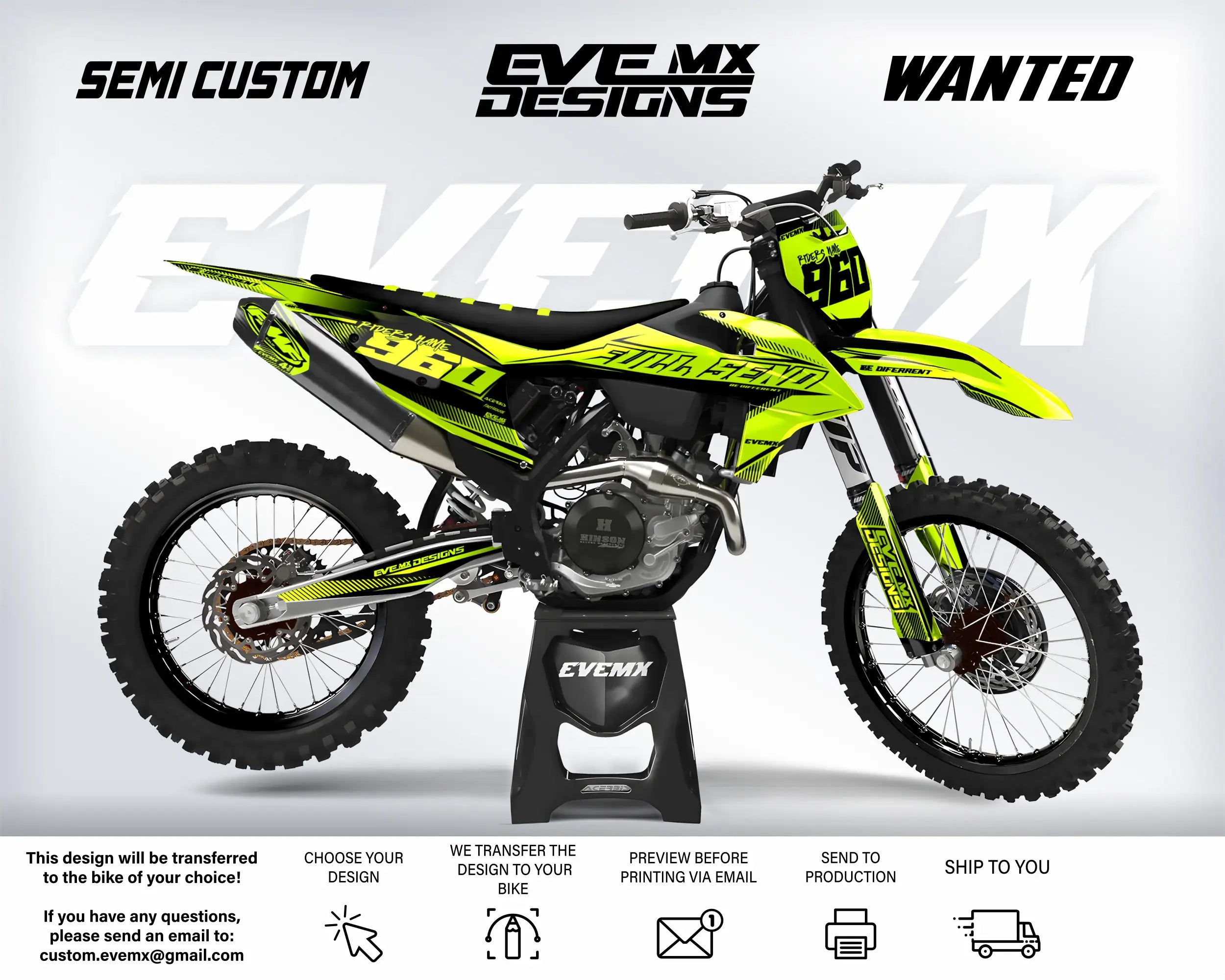 Yellow and black dirt bike with 'EveMX Designs' branding on a white background