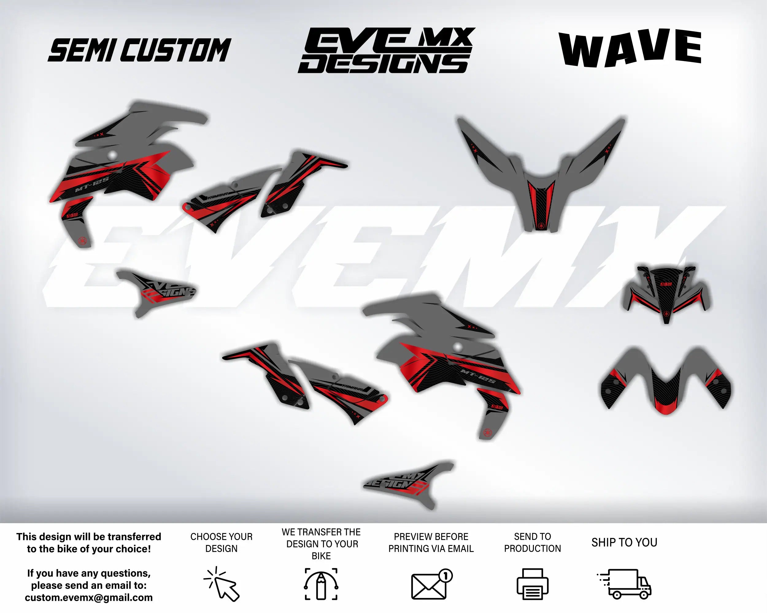 Motorcycle wrap design with 'Semi Custom' and 'Eve MX Designs' branding on a white background.