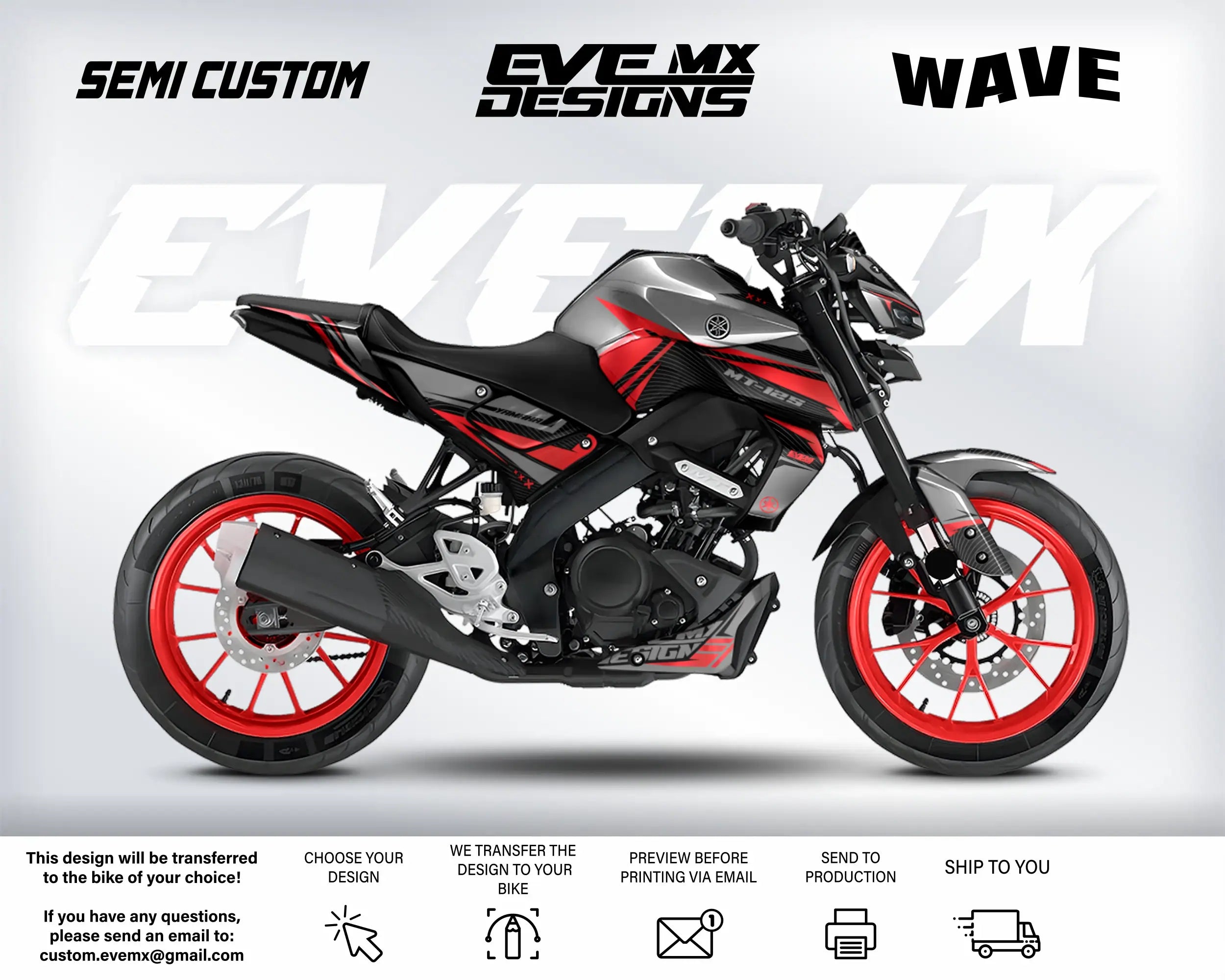 Motorcycle with red and black design on a white background, featuring 'Eve MX Designs' branding.