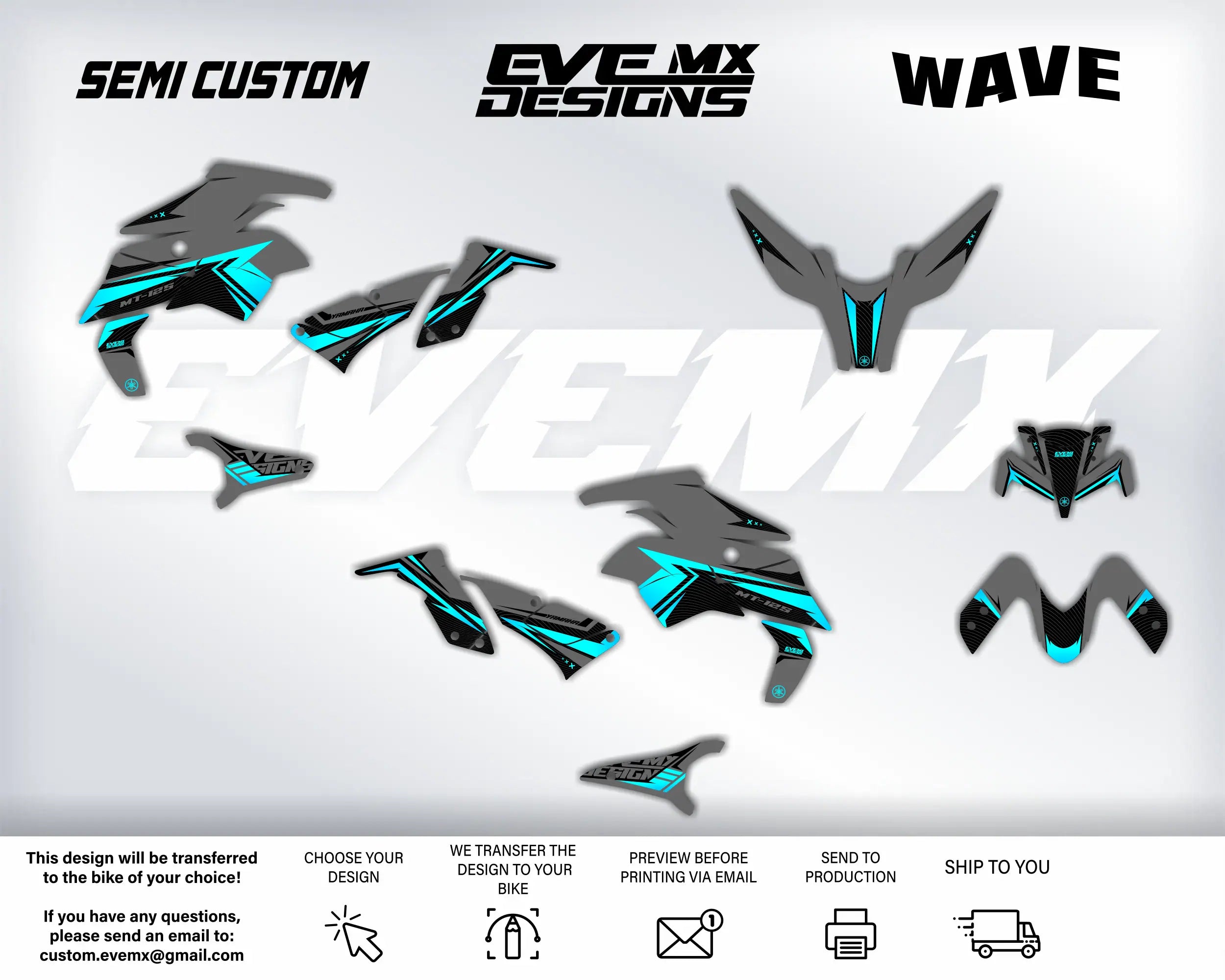 Motorcycle wrap design with 'Semi Custom', 'Eve MX Designs', and 'Wave' branding on a white background.