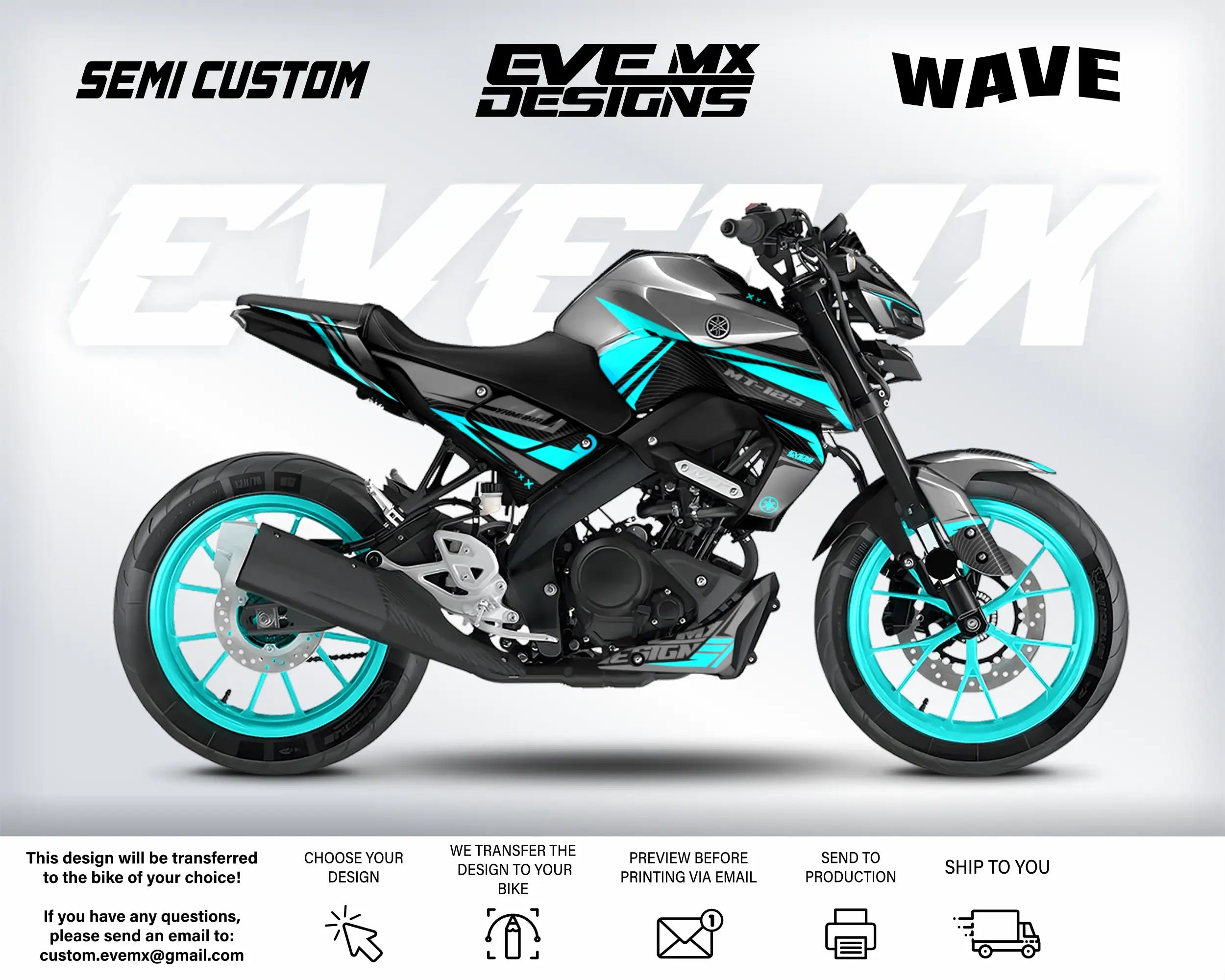 Motorcycle with teal wheels on a white background, featuring 'Eve MX Designs' branding.