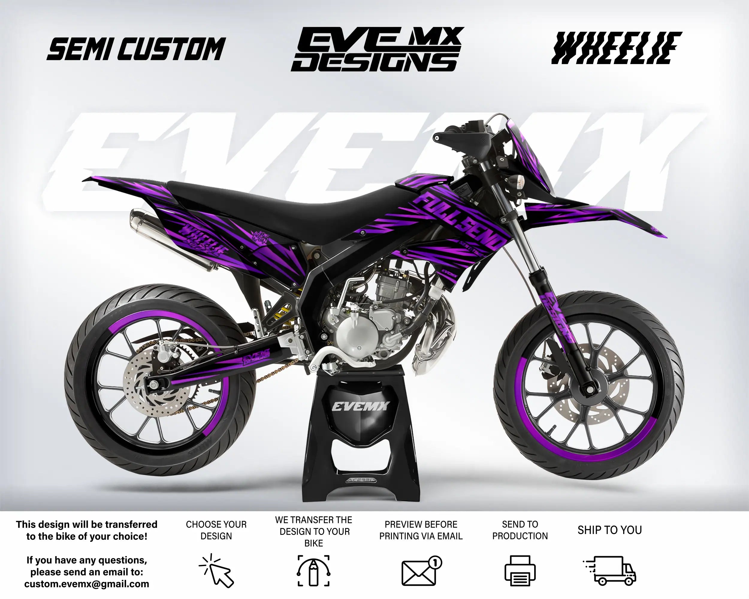 Motorcycle with purple decals on a white background, featuring 'EveMX Designs' branding.