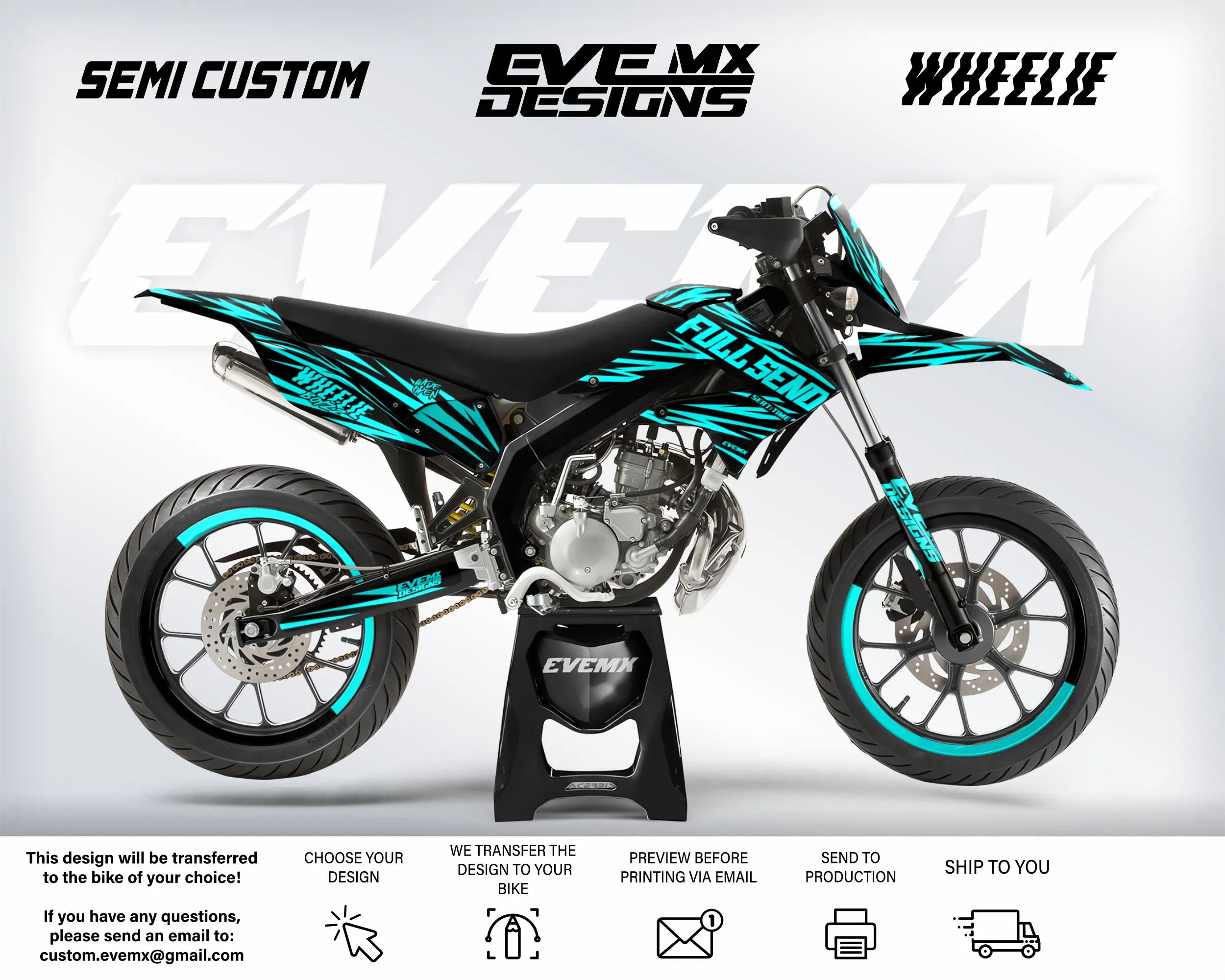 Motocross bike with teal and black design on a white background, featuring 'EveMX Designs' branding.