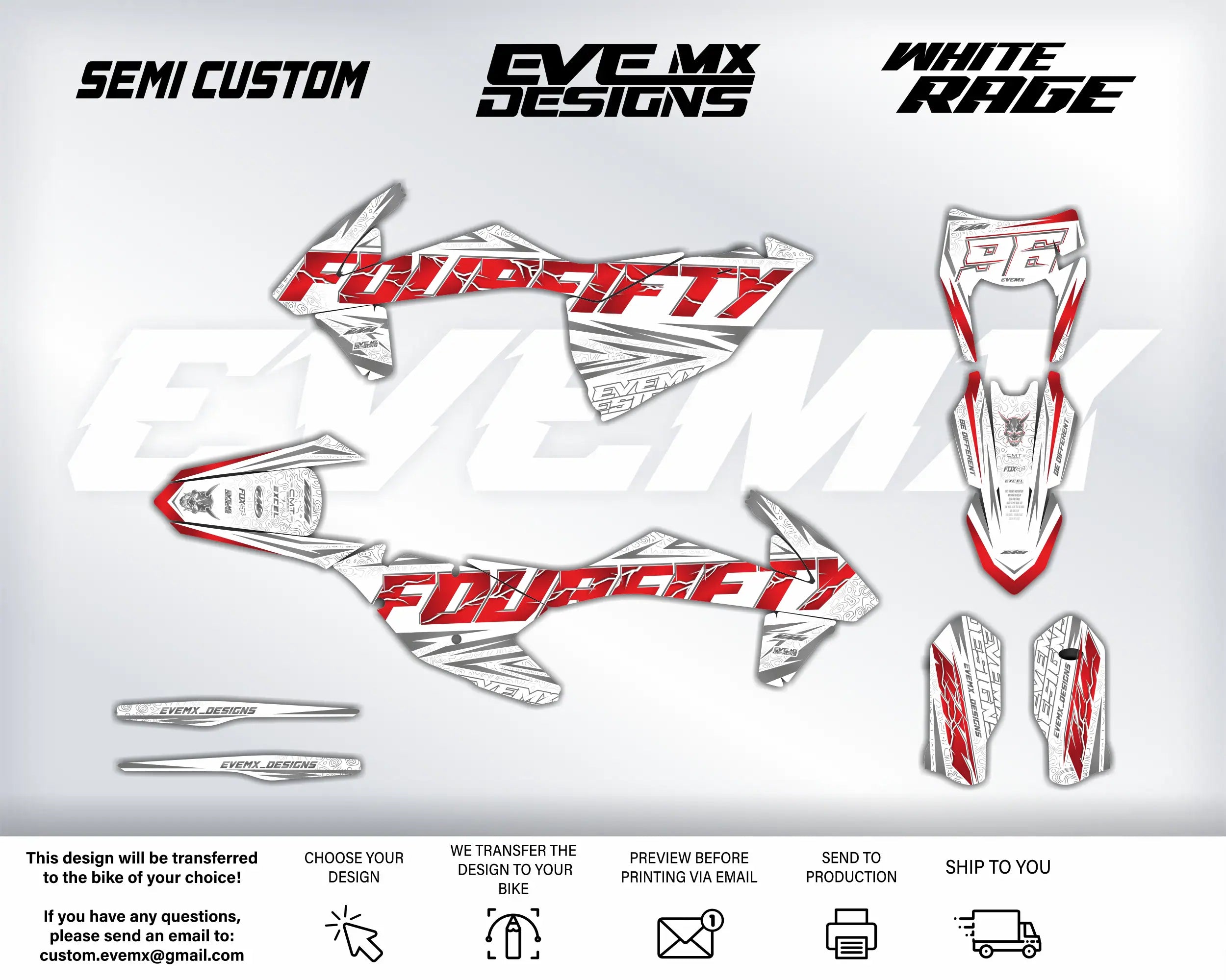 Motorcycle wrap design with 'Foucifty' branding and 'EVE MX Designs' text on a white background.
