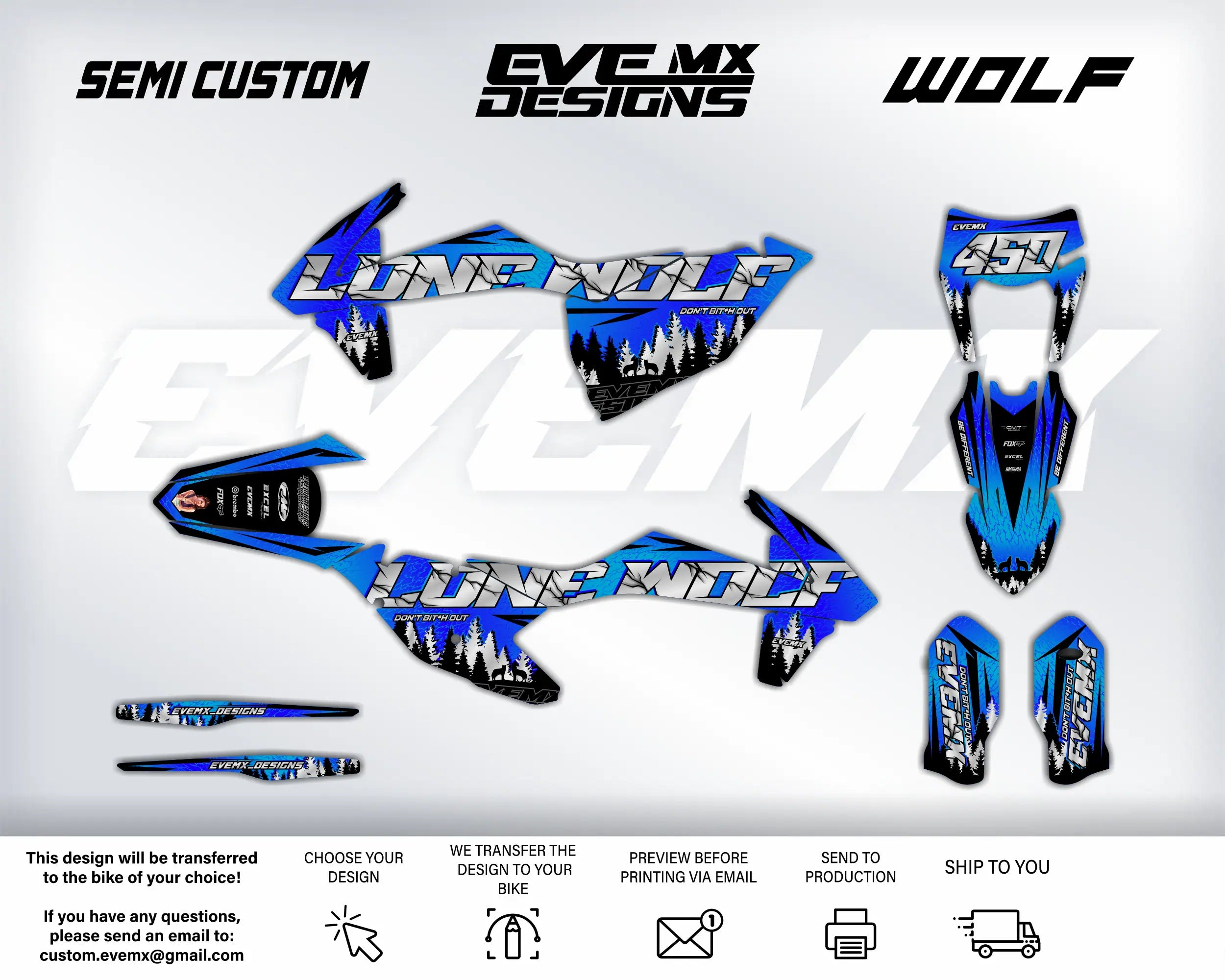 Motorcycle wrap design with 'Lone Wolf' branding and 'Eve MX Designs' text on a white background.