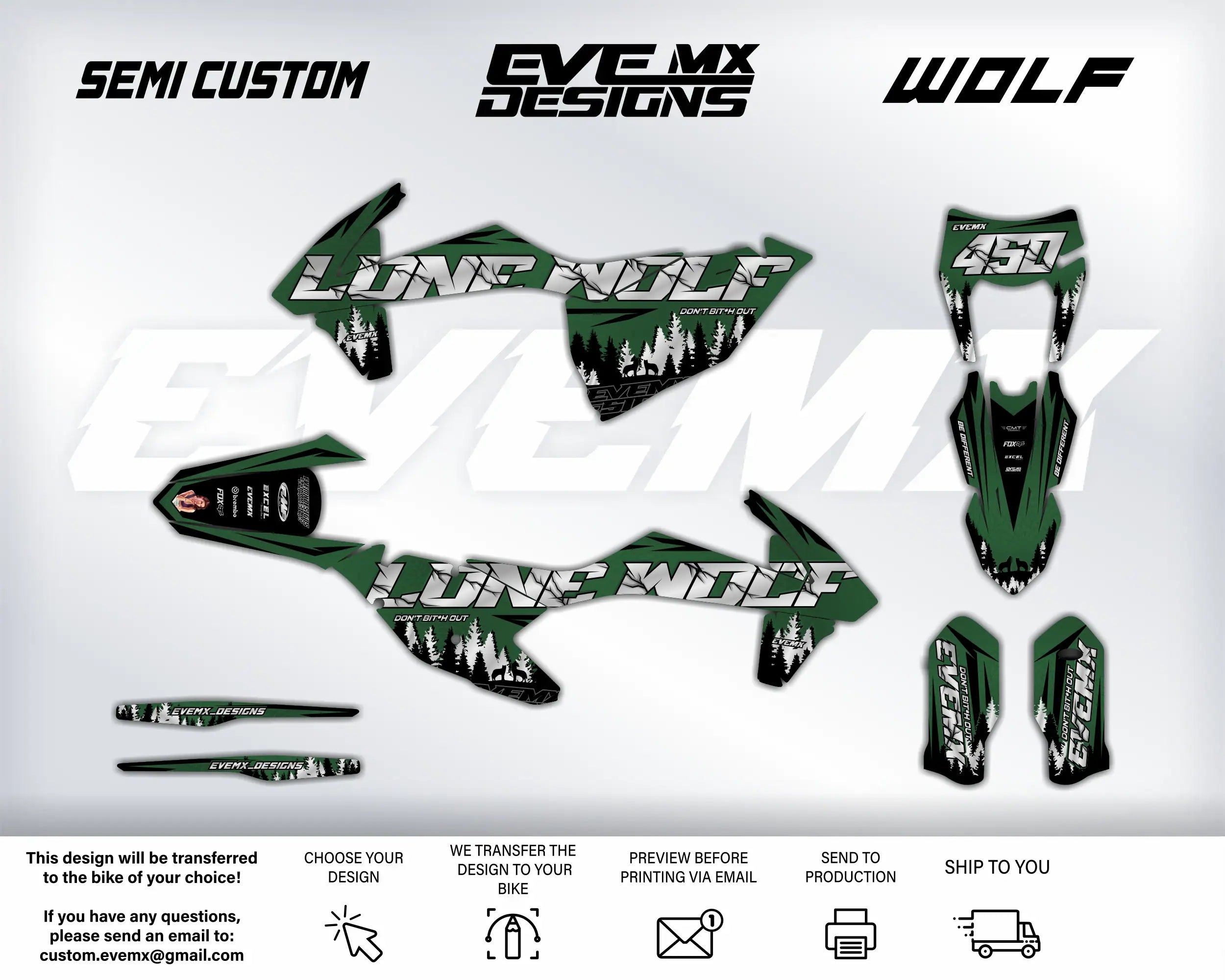 Green and black motorcycle decals with 'Lone Wolf' branding on a white background, featuring SEMI CUSTOM, EVEM MX DESIGNS, and WOLF logos.