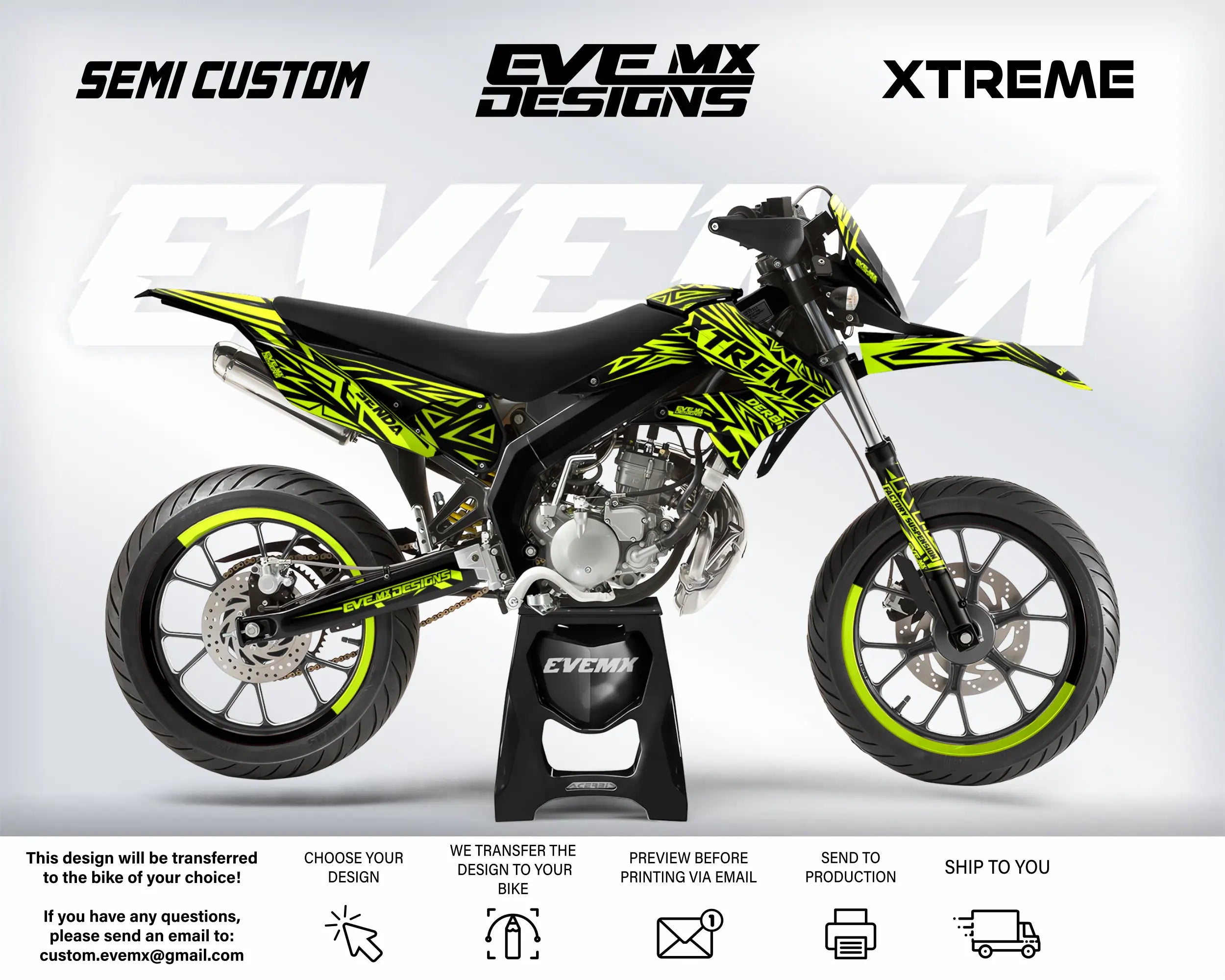 Motorcycle with green and black design on a white background, featuring 'EveMX Designs' branding.