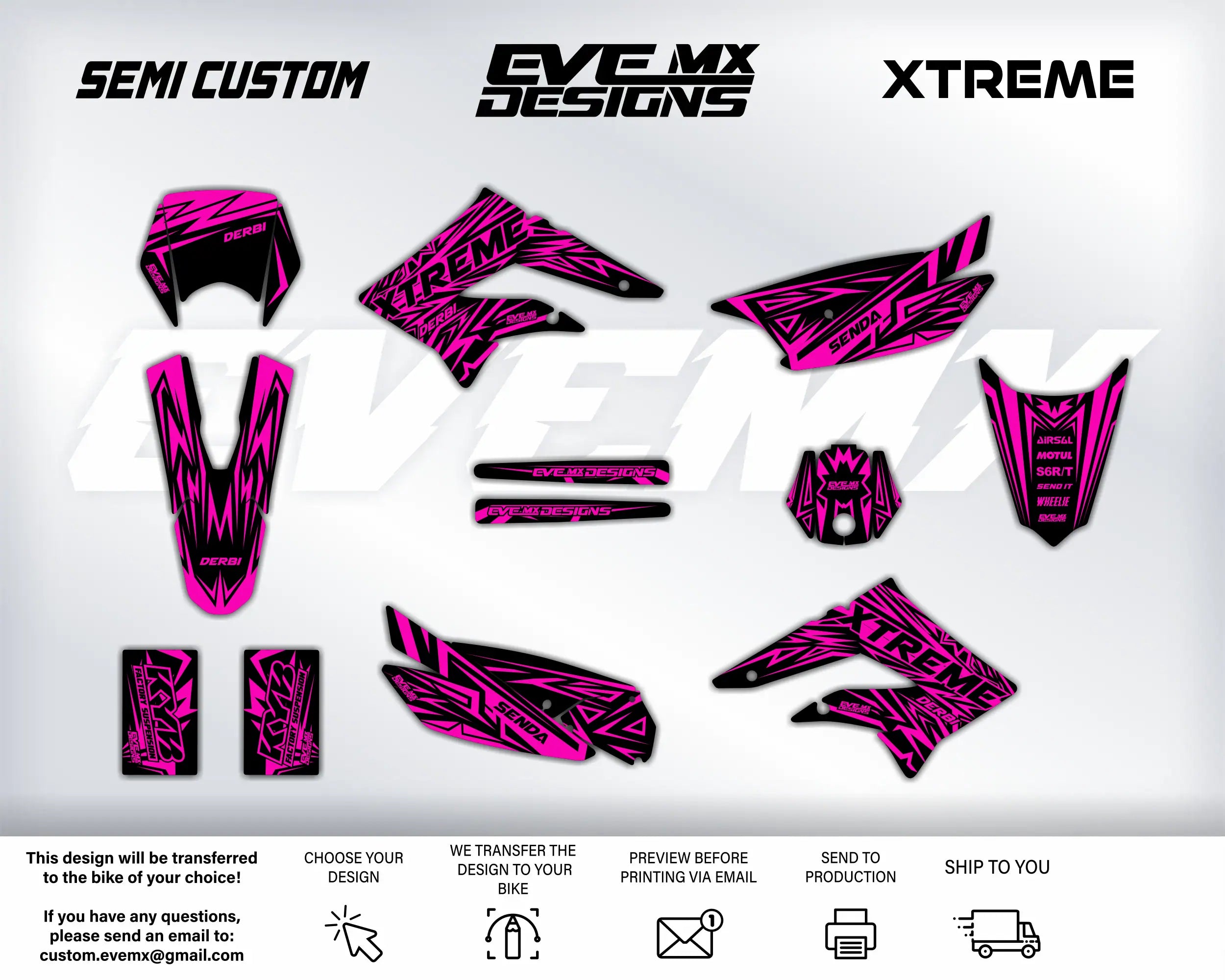 Motorcycle graphics kit with pink and black designs on a white background, featuring the brand 'EveMX Designs'.