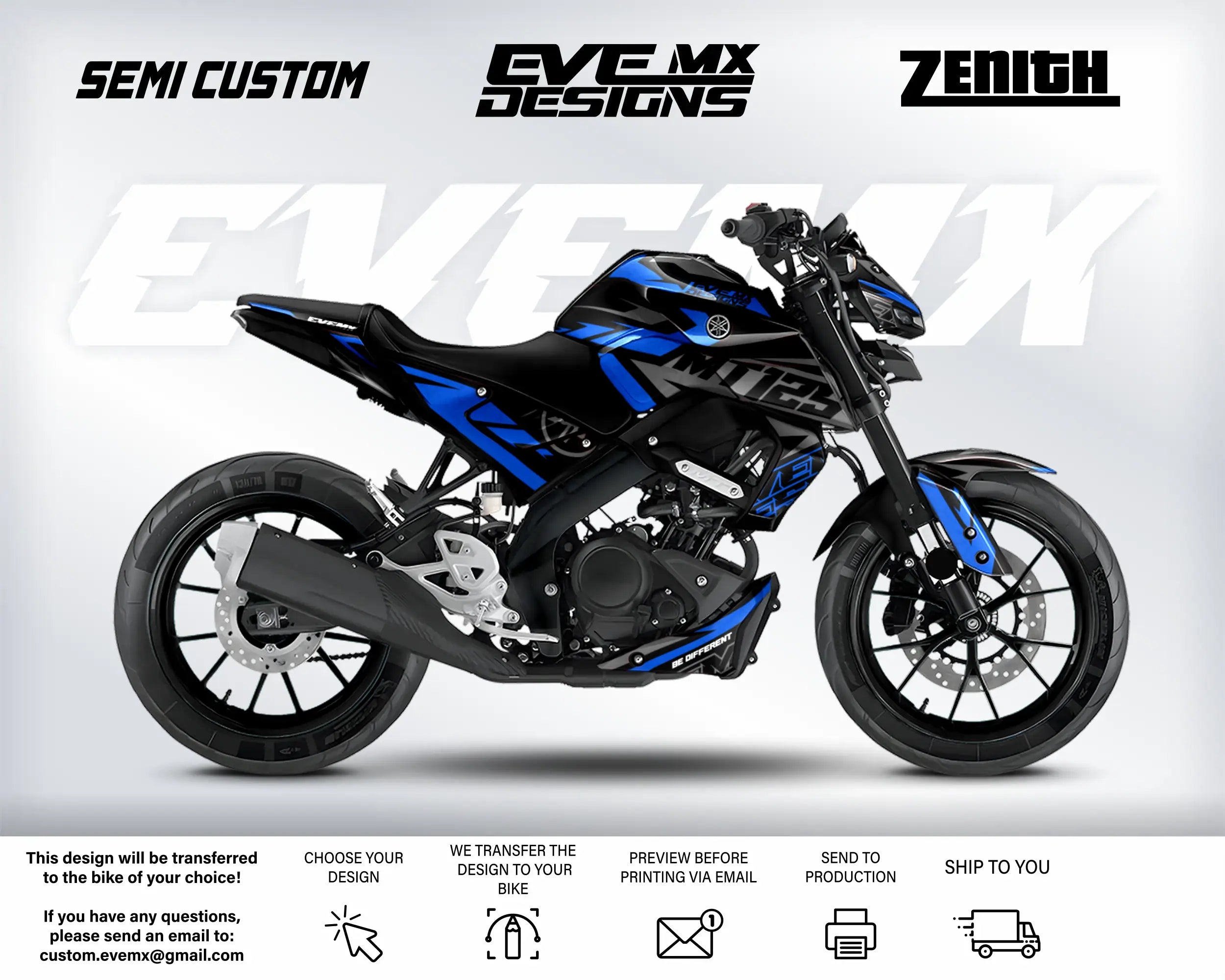 Motorcycle with blue and black design on a white background, featuring 'Eve MX Designs' branding.