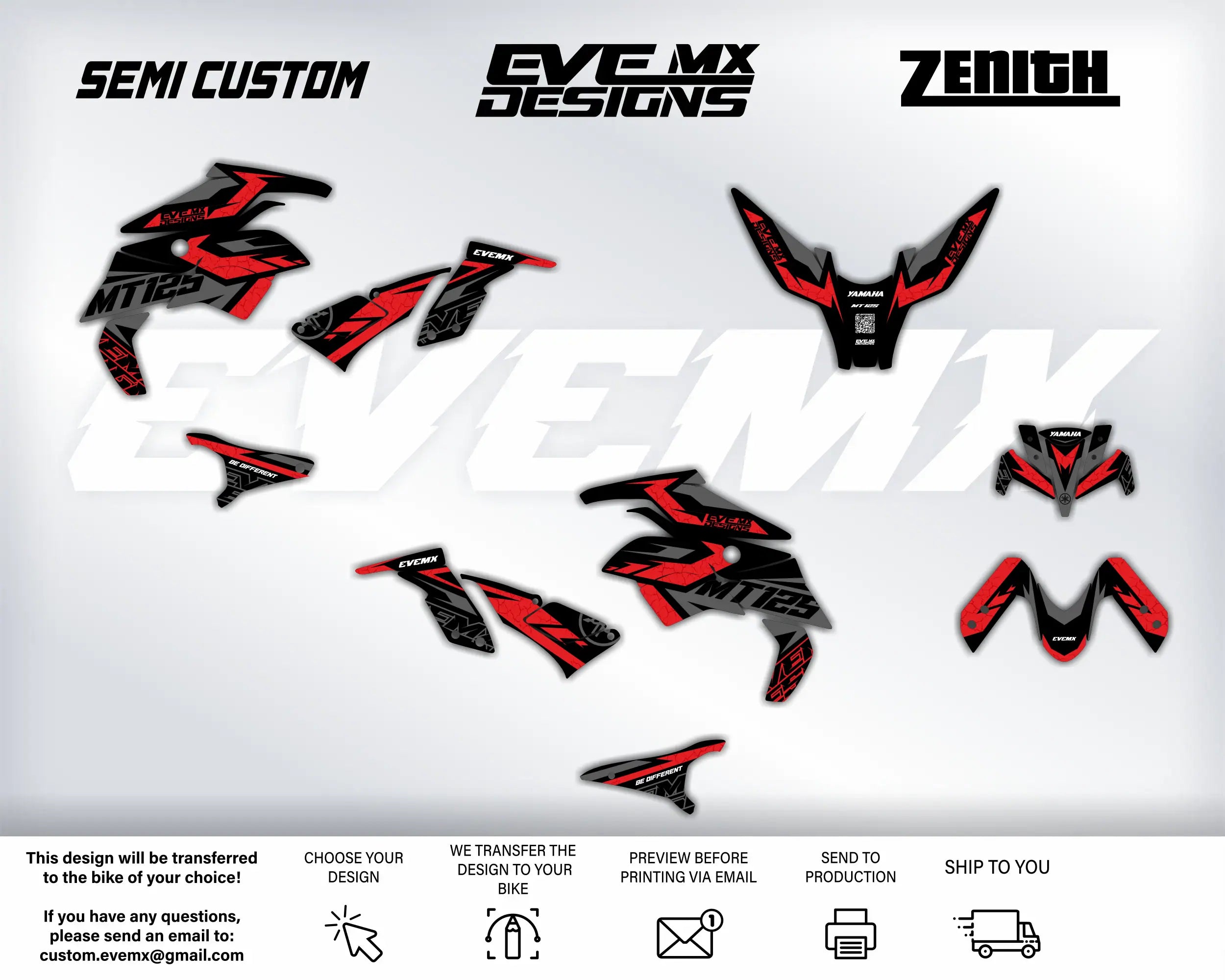 Motorcycle decals with 'Semi Custom', 'Eve MX Designs', and 'Zenith' branding on a white background.