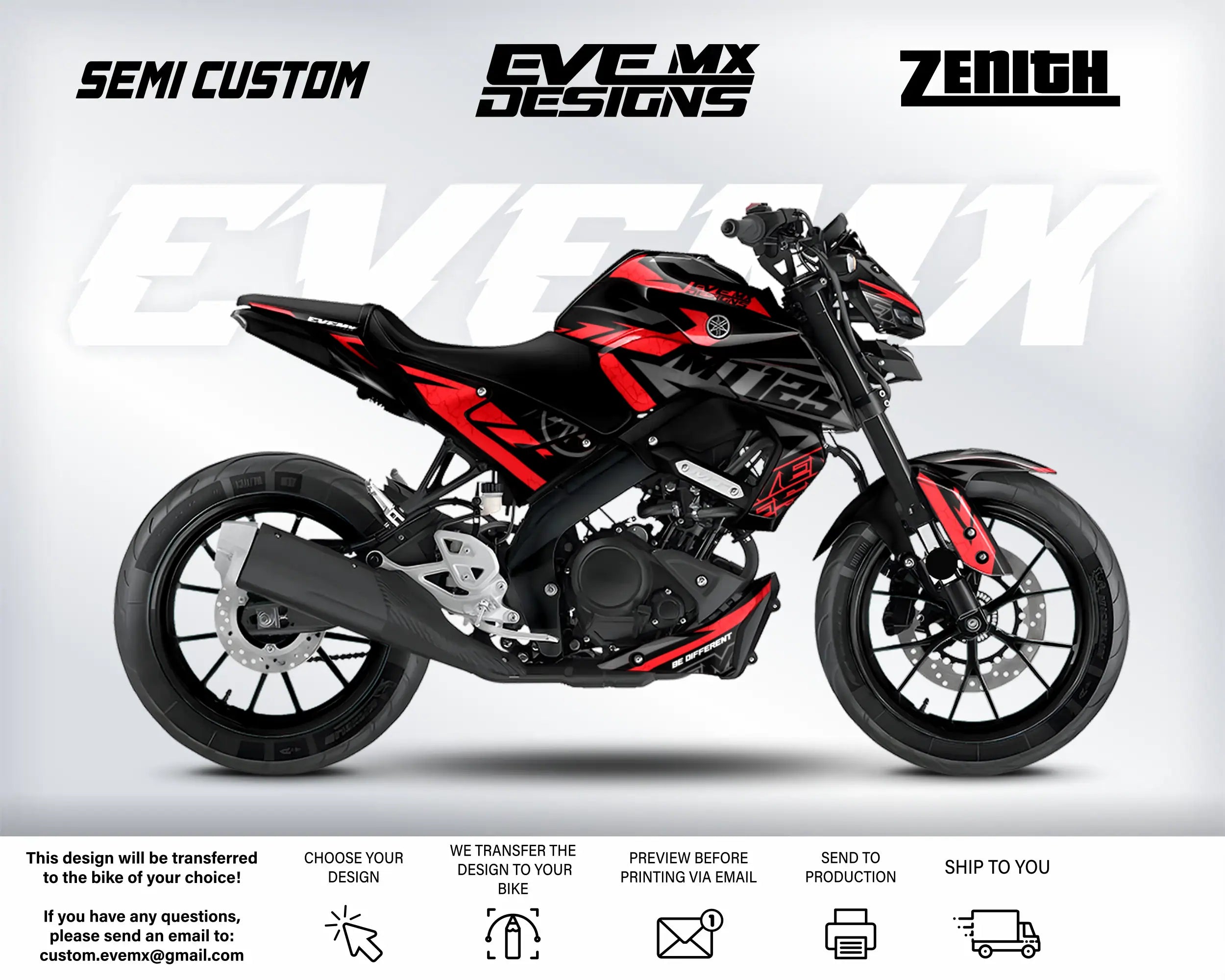 Motorcycle with red and black design on a white background, featuring 'Eve MX Designs' branding.