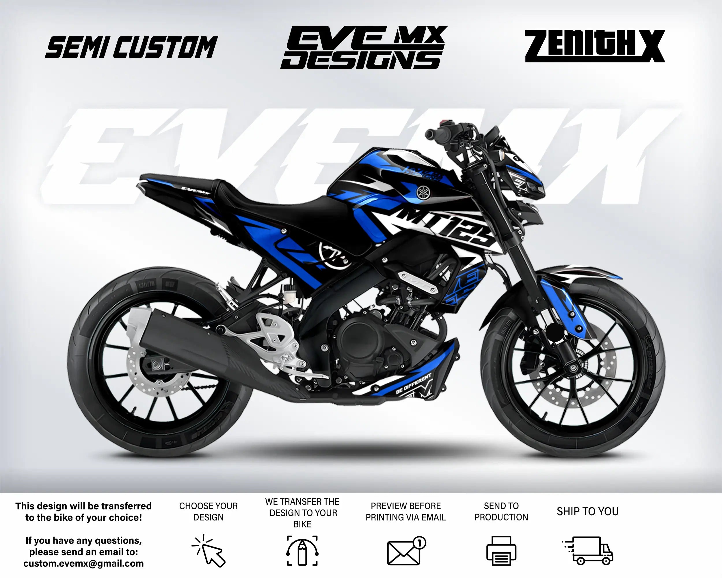 Street Bike Motorcycle yamaha mt-125 with blue and black design on a white background, featuring branding and customization options.