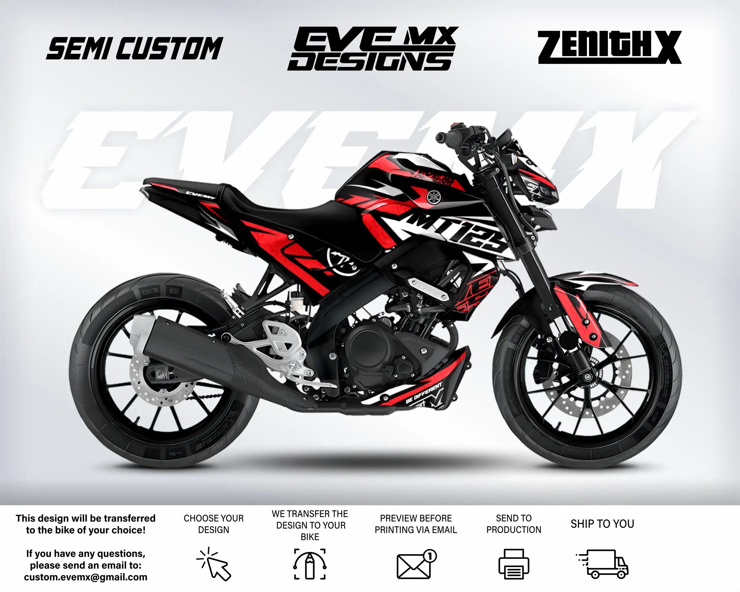 Street Bike Motorcycle yamaha mt-125 with red and black design on a white background, featuring branding and customization options.