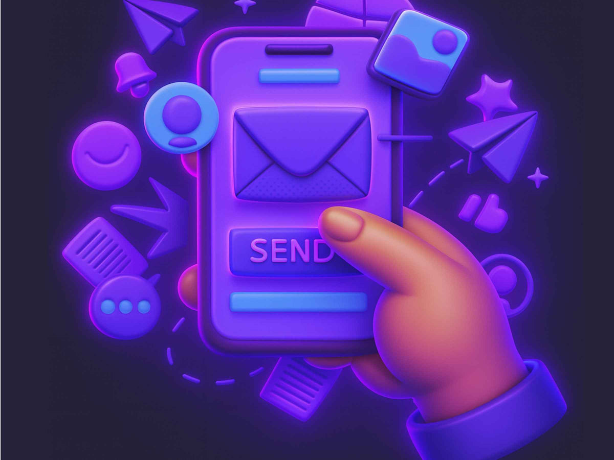 Hand pressing a send button on a stylized smartphone with various icons around it, all in a neon purple color scheme.
