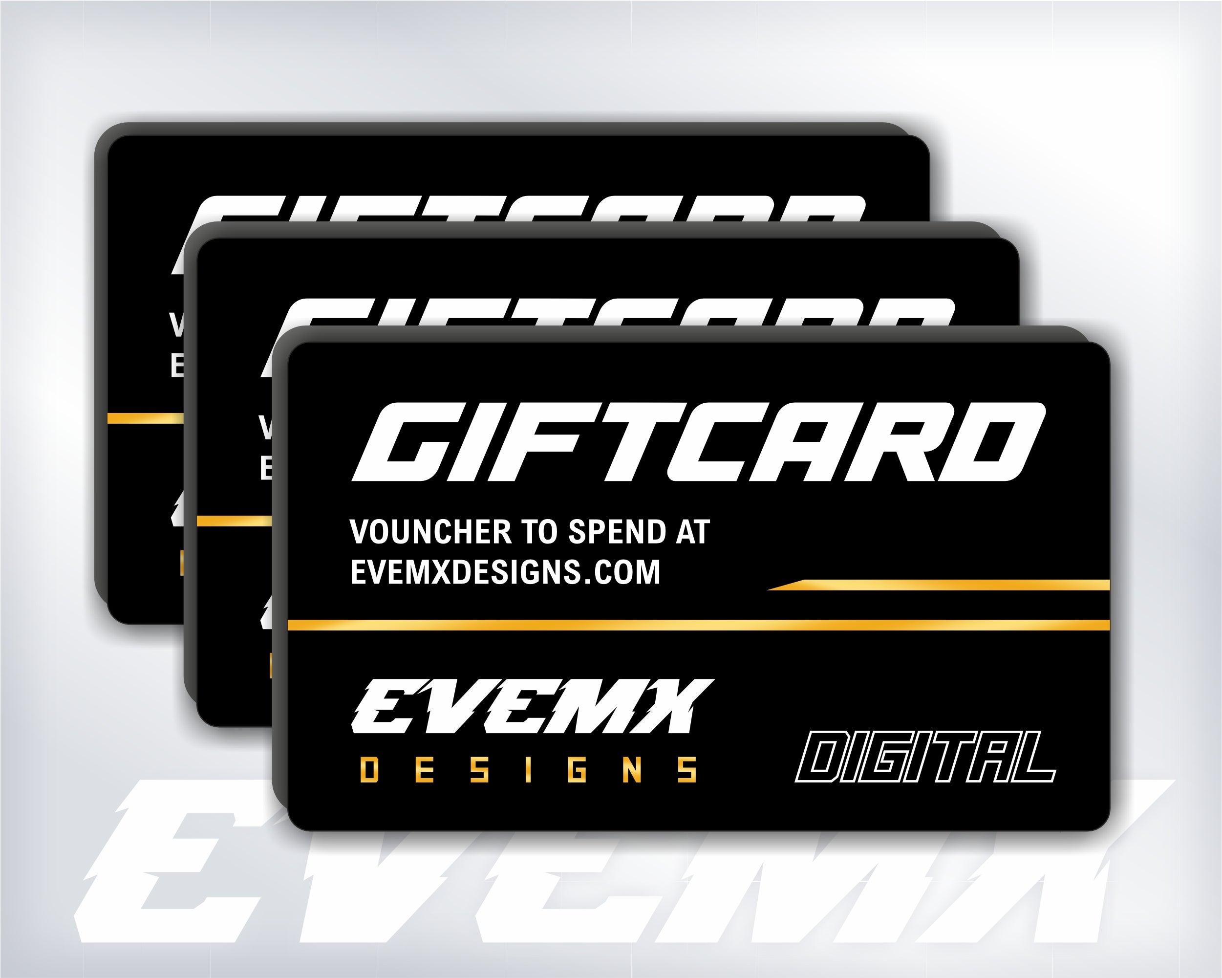 Three black gift cards with 'EVE MX Designs' branding on a gray background.
