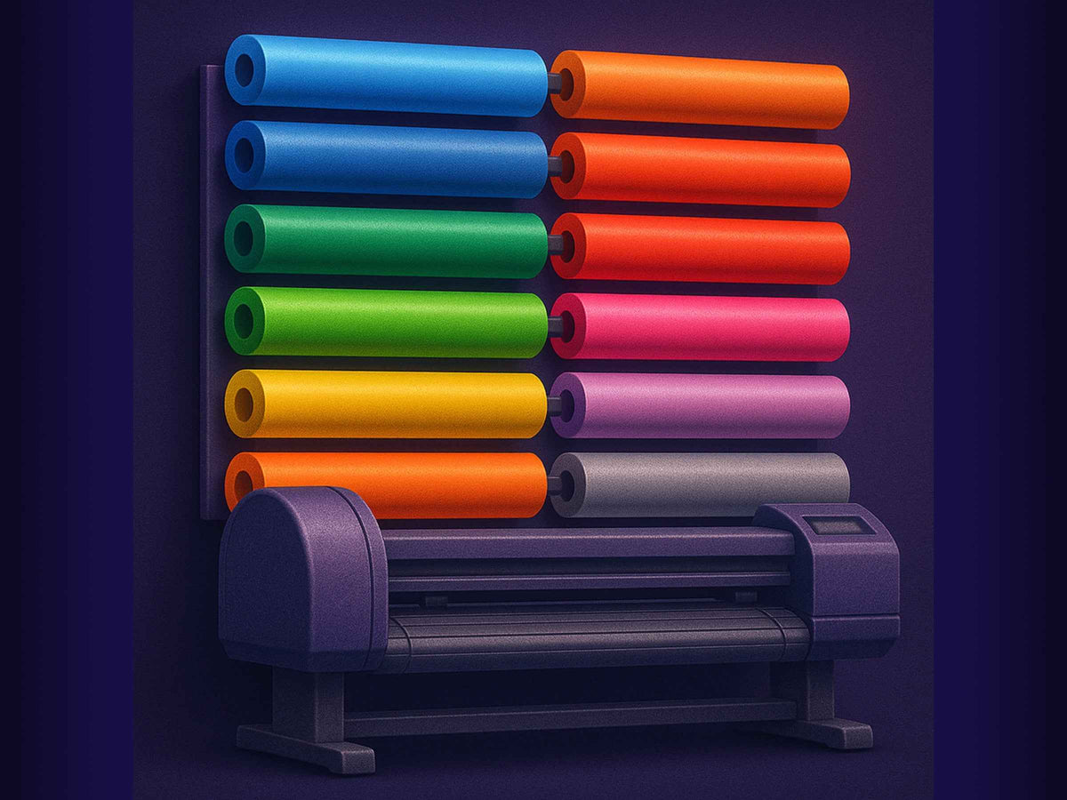 EveMx Designs Colorful rolls of vinyl or paper stacked on a stand against a dark background