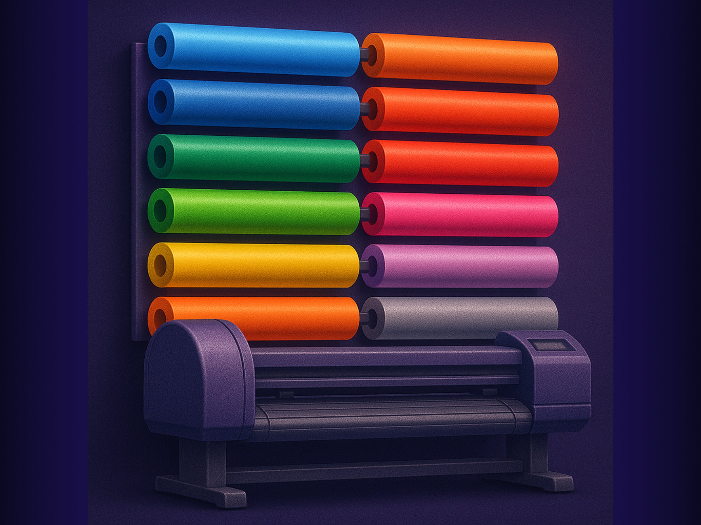 EveMx Designs Colorful rolls of vinyl or paper stacked on a stand against a dark background