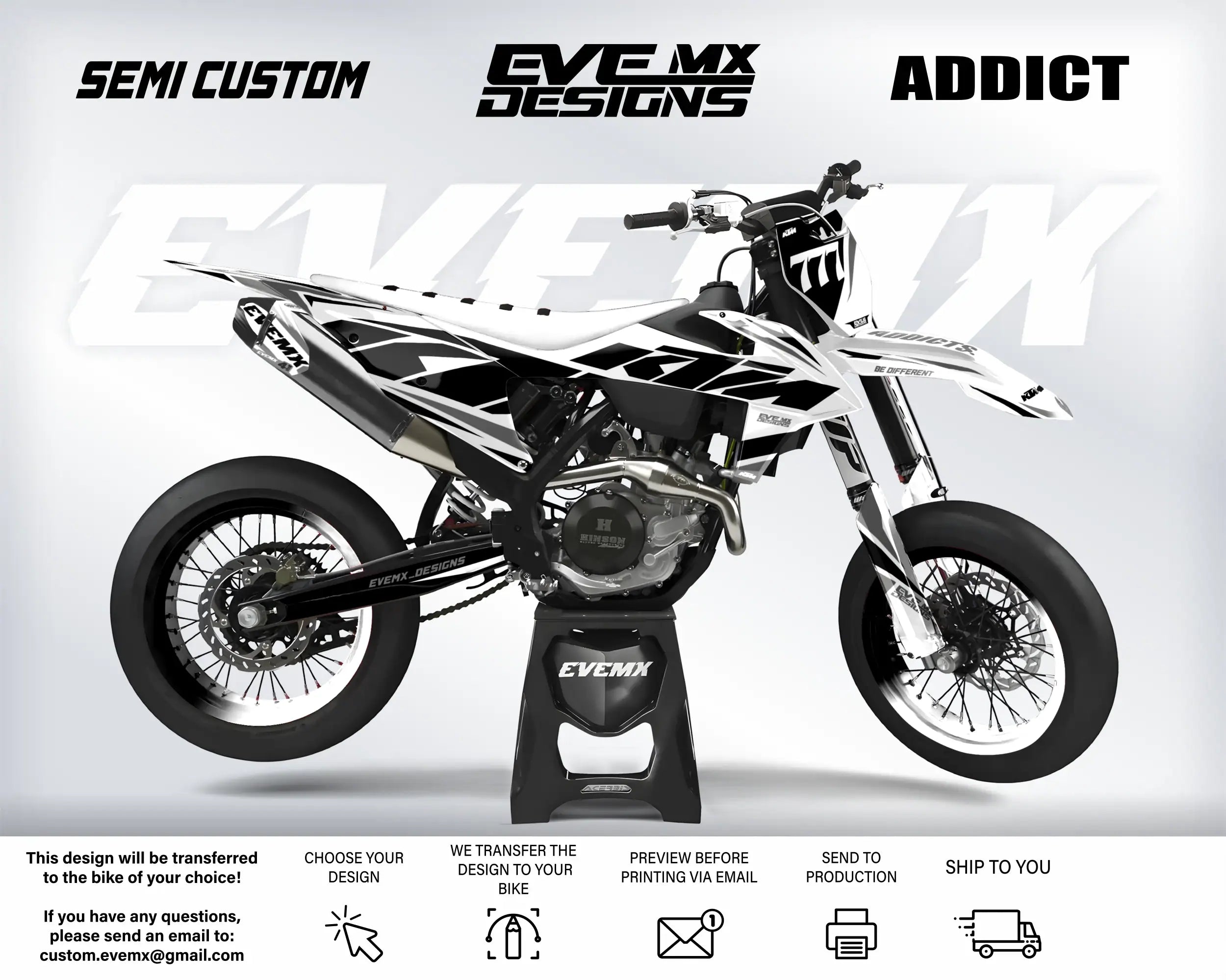 Motorcycle with 'EveMX Designs' branding on a white background