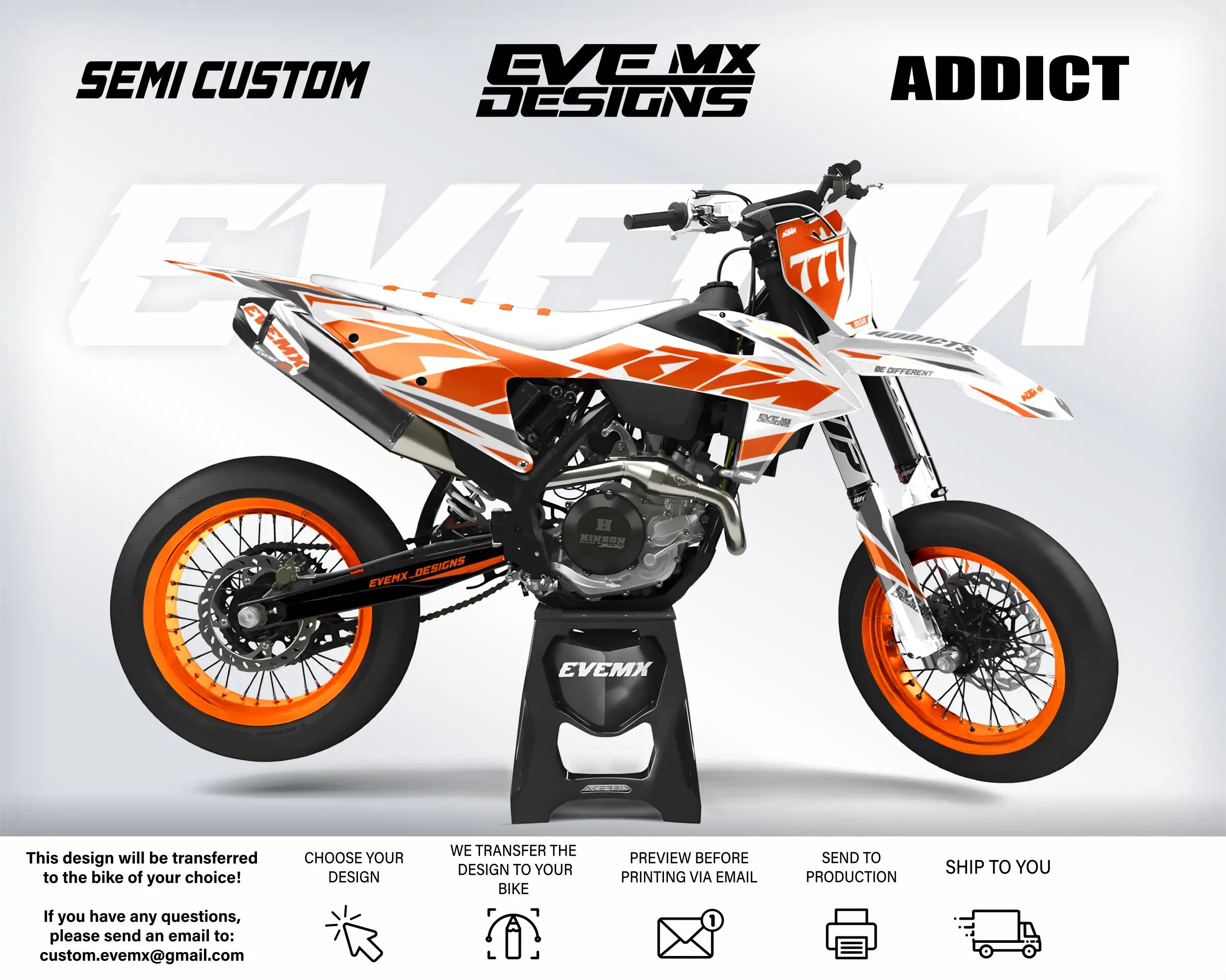 KTM motorcycle with 'EveMX Designs' branding on a white background