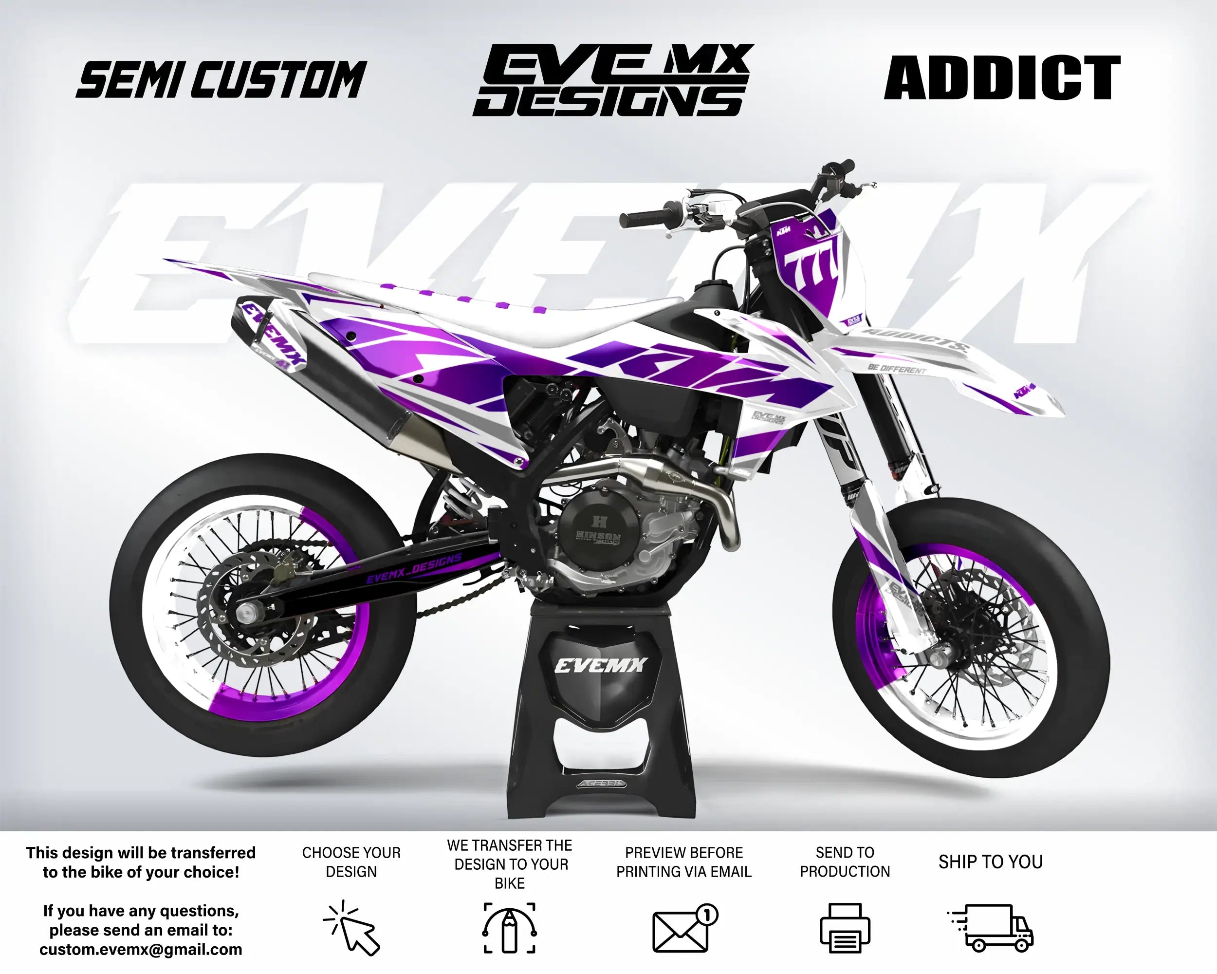 Motorcycle with purple and white design on a gray background, featuring 'EveMX Designs' branding.