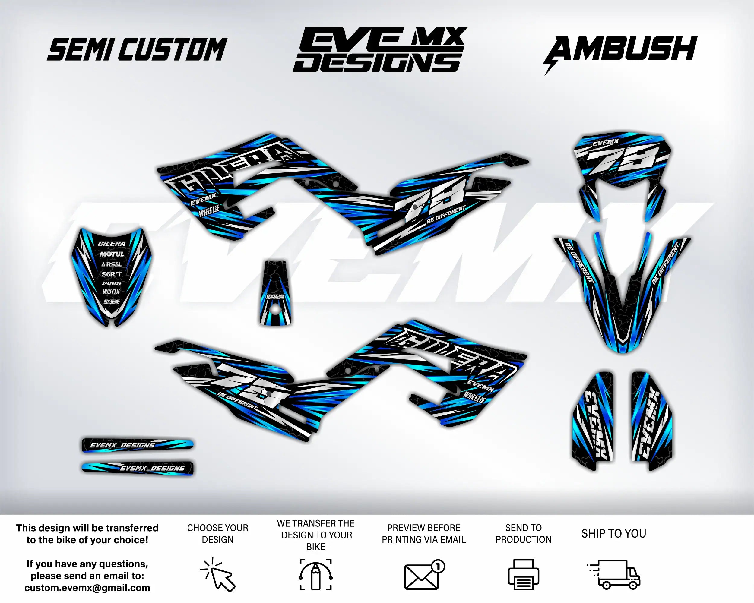 Motorcycle wrap design with SEMI CUSTOM, EVEMX DESIGNS, and AMBUSH branding on a white background.