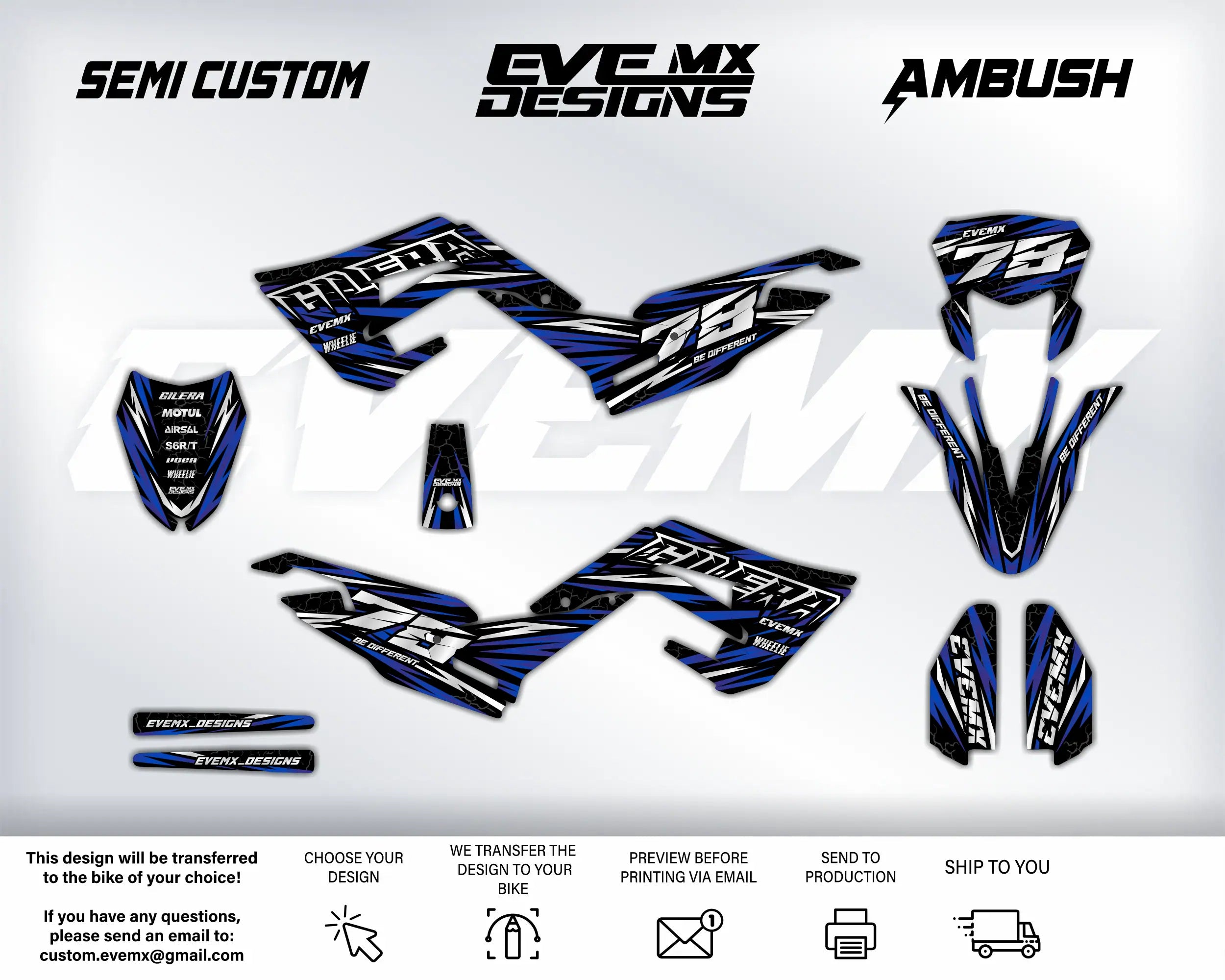 Motorcycle decals with 'Semi Custom', 'EveMX Designs', and 'Ambush' branding on a white background.