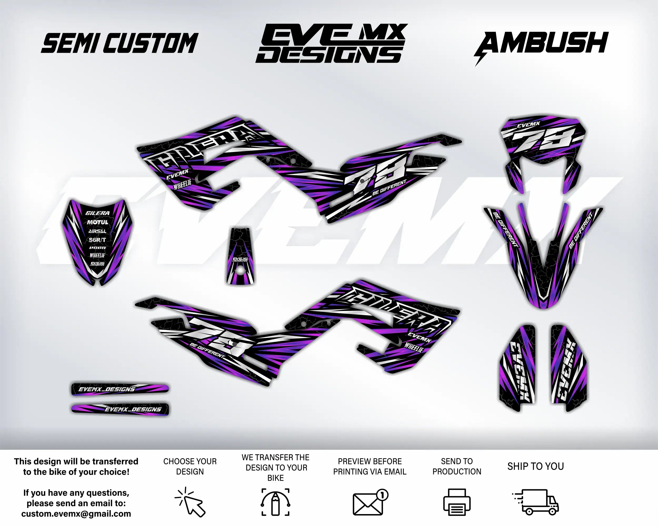 Motorcycle decals with 'EveMX Designs' branding on a white background