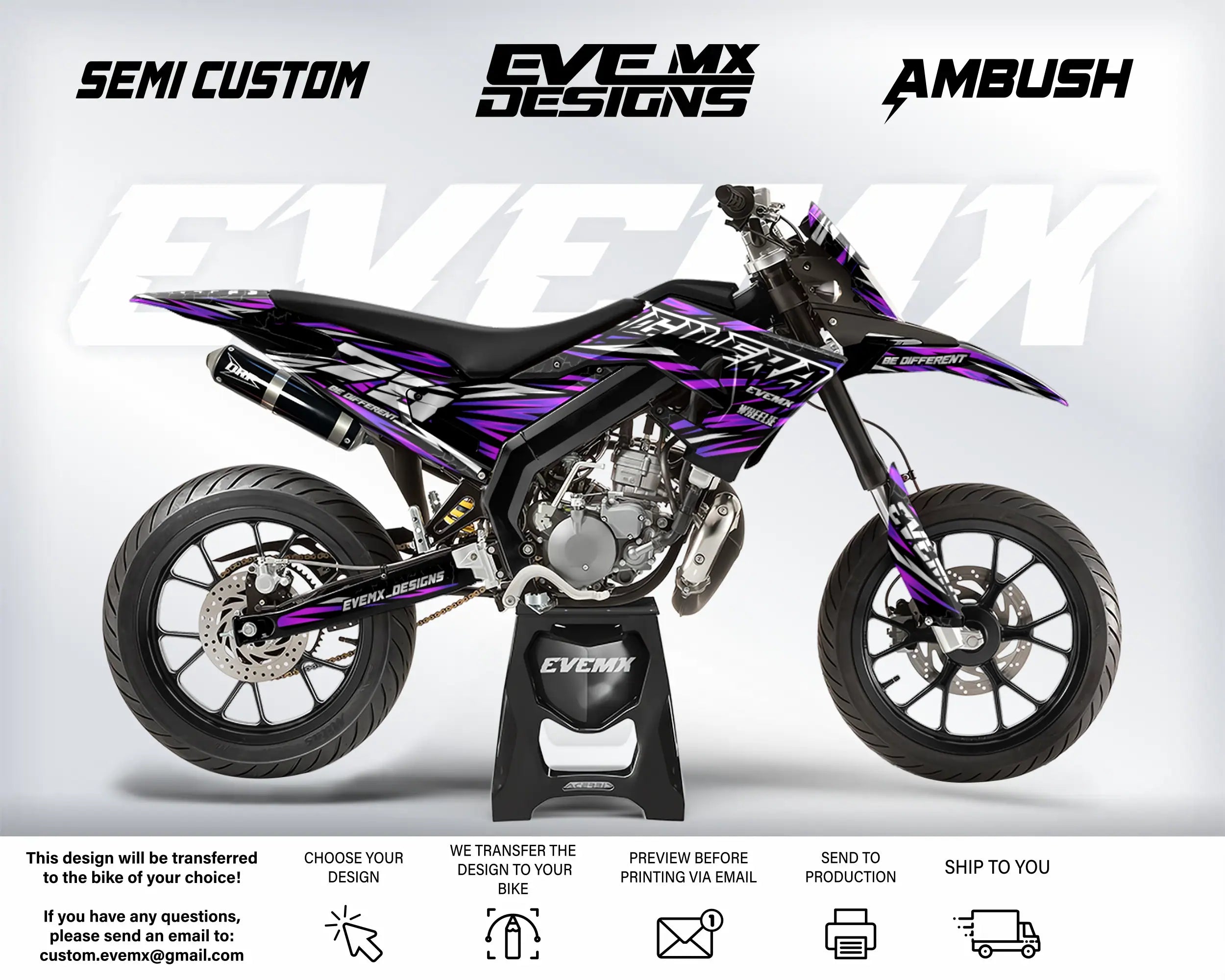 Motorcycle with purple and black design on a white background, featuring 'EveMX Designs' branding.