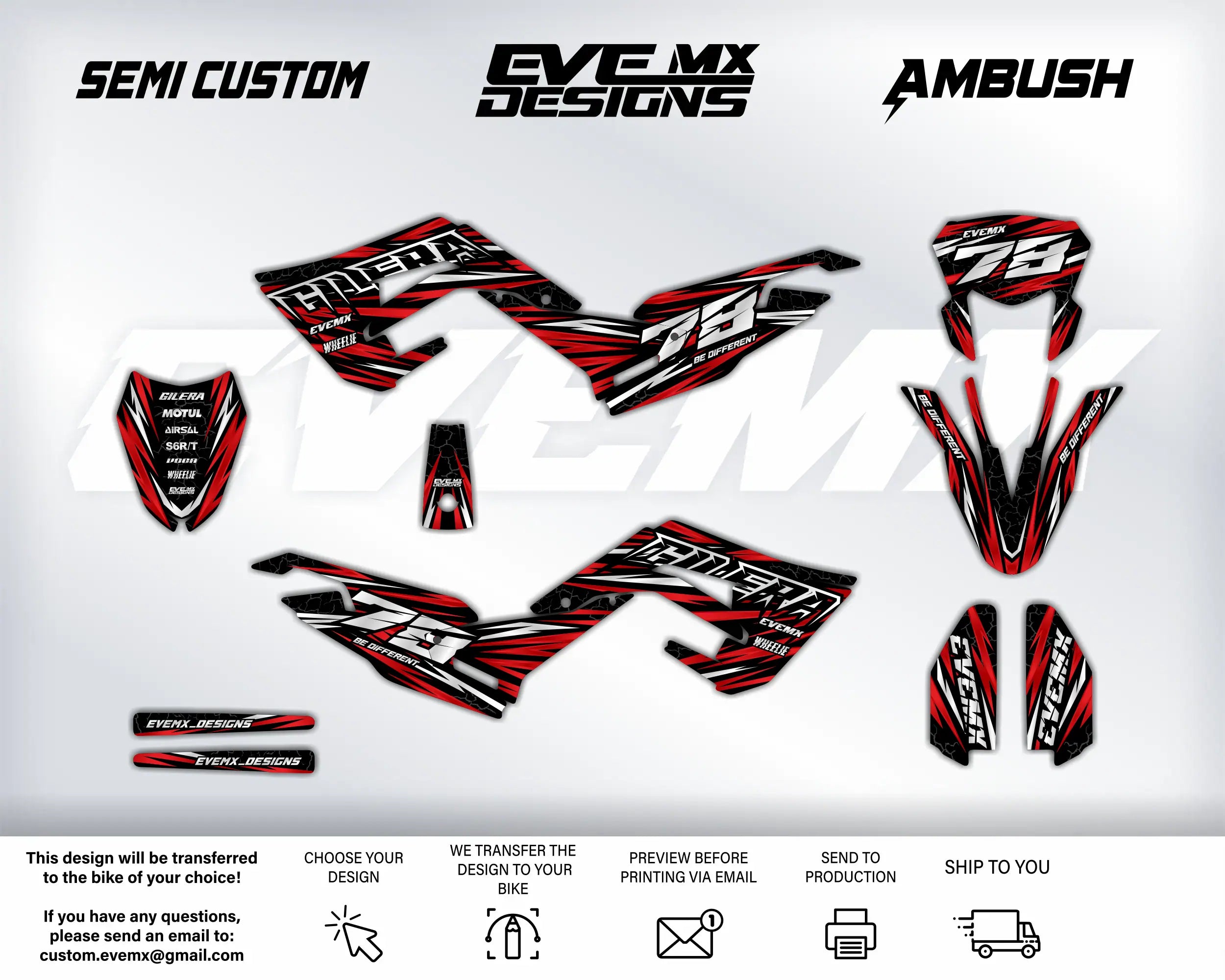 MX bike graphics kit with 'EveMX Designs' branding on a white background