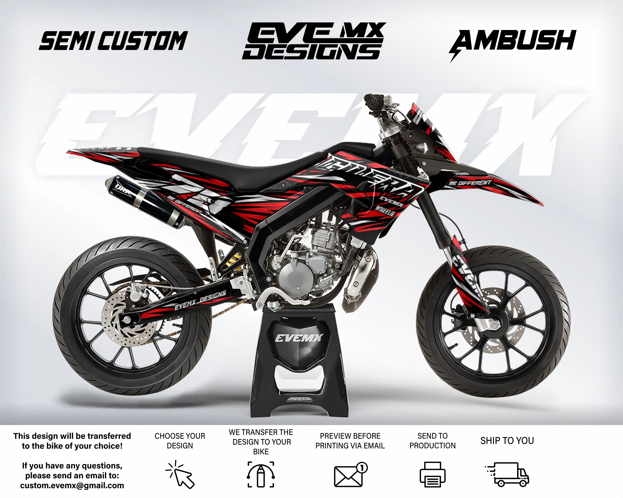 Motorcycle with 'EveMX Designs' branding on a white background