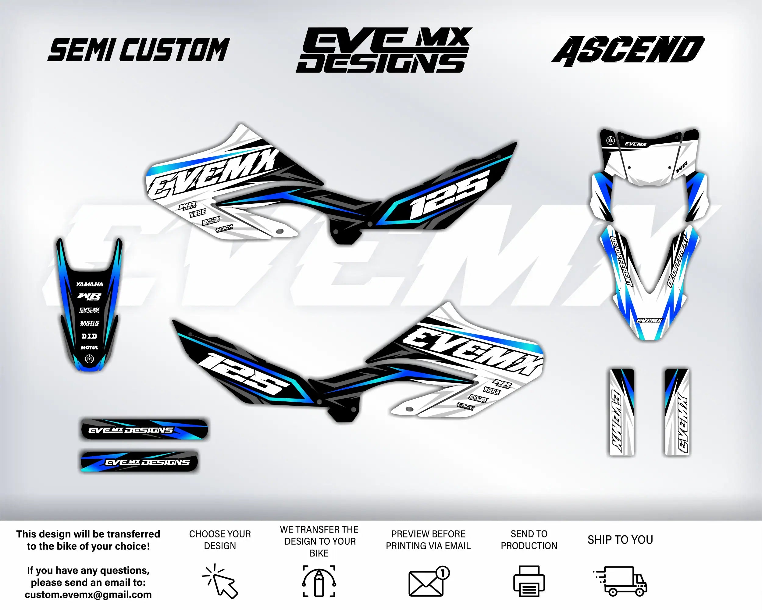 Motorcycle graphics kit with 'EveMX Designs' branding on a white background