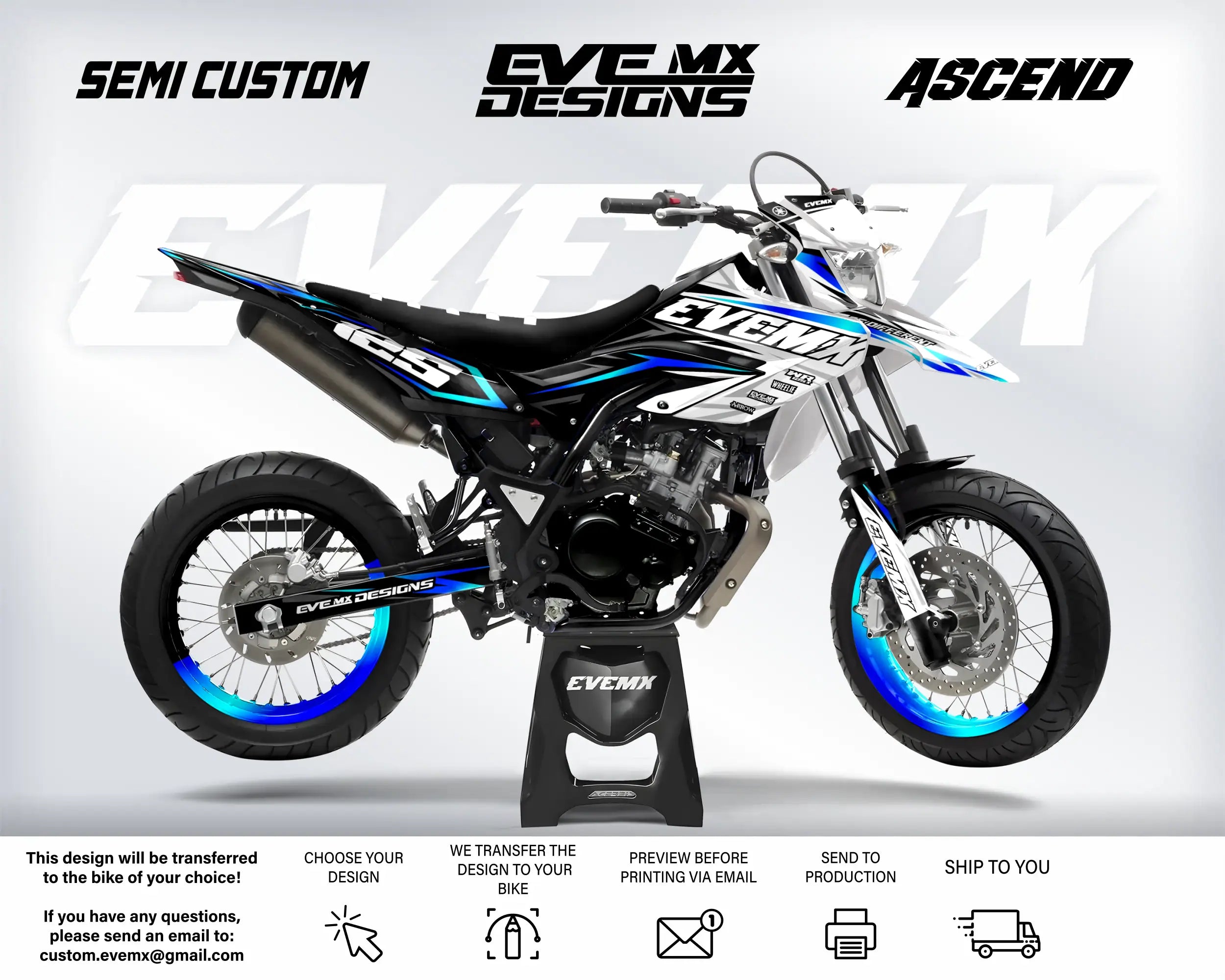 Motorcycle with 'EveMX Designs' branding on a white background