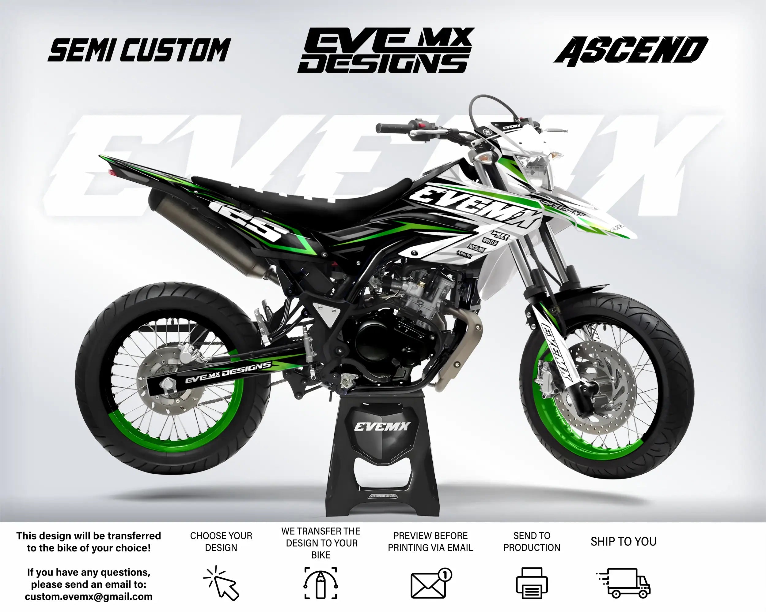 Motorcycle with 'EveMX Designs' branding on a white background