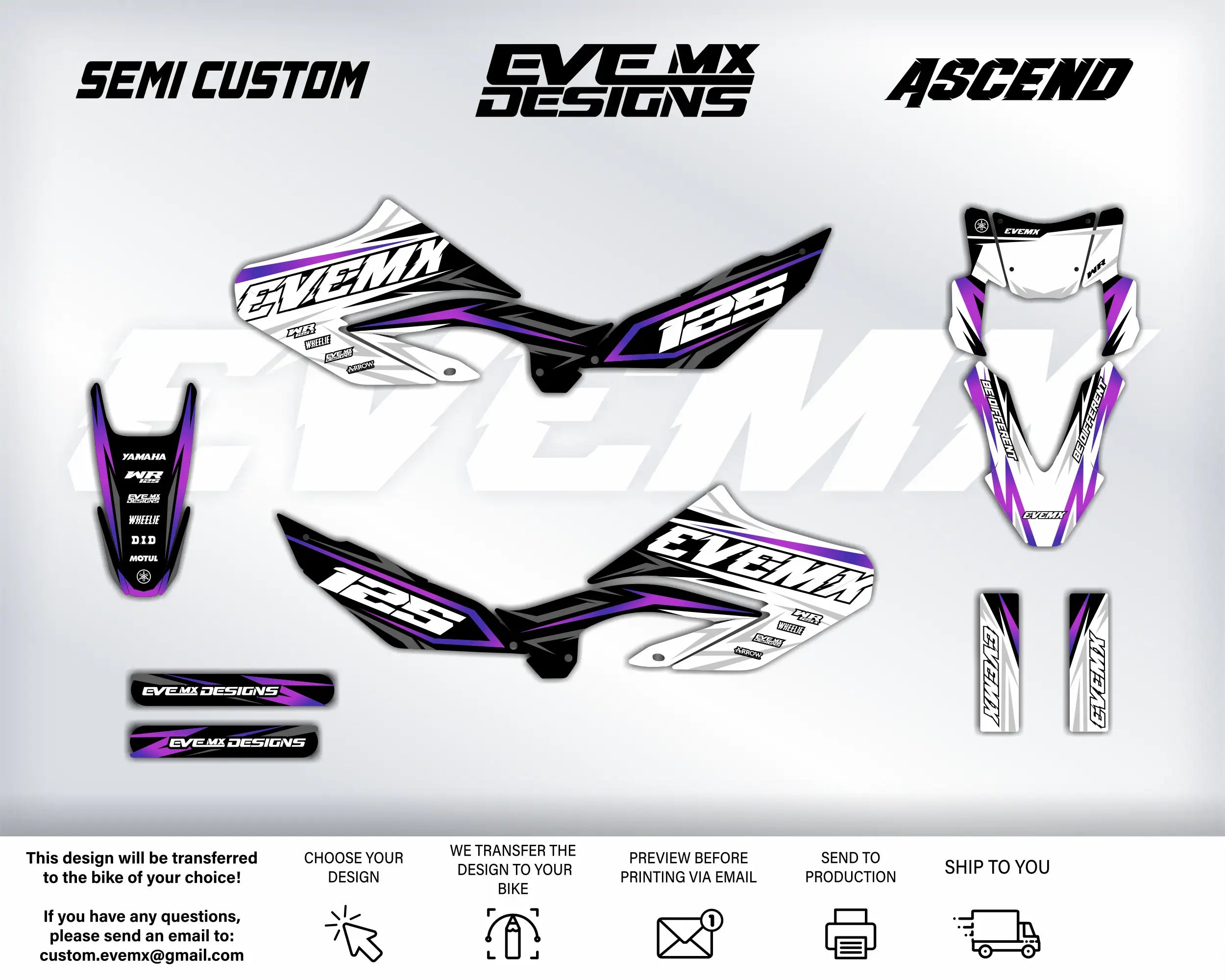 Motorcycle graphics kit with 'EveMX Designs' branding on a white background