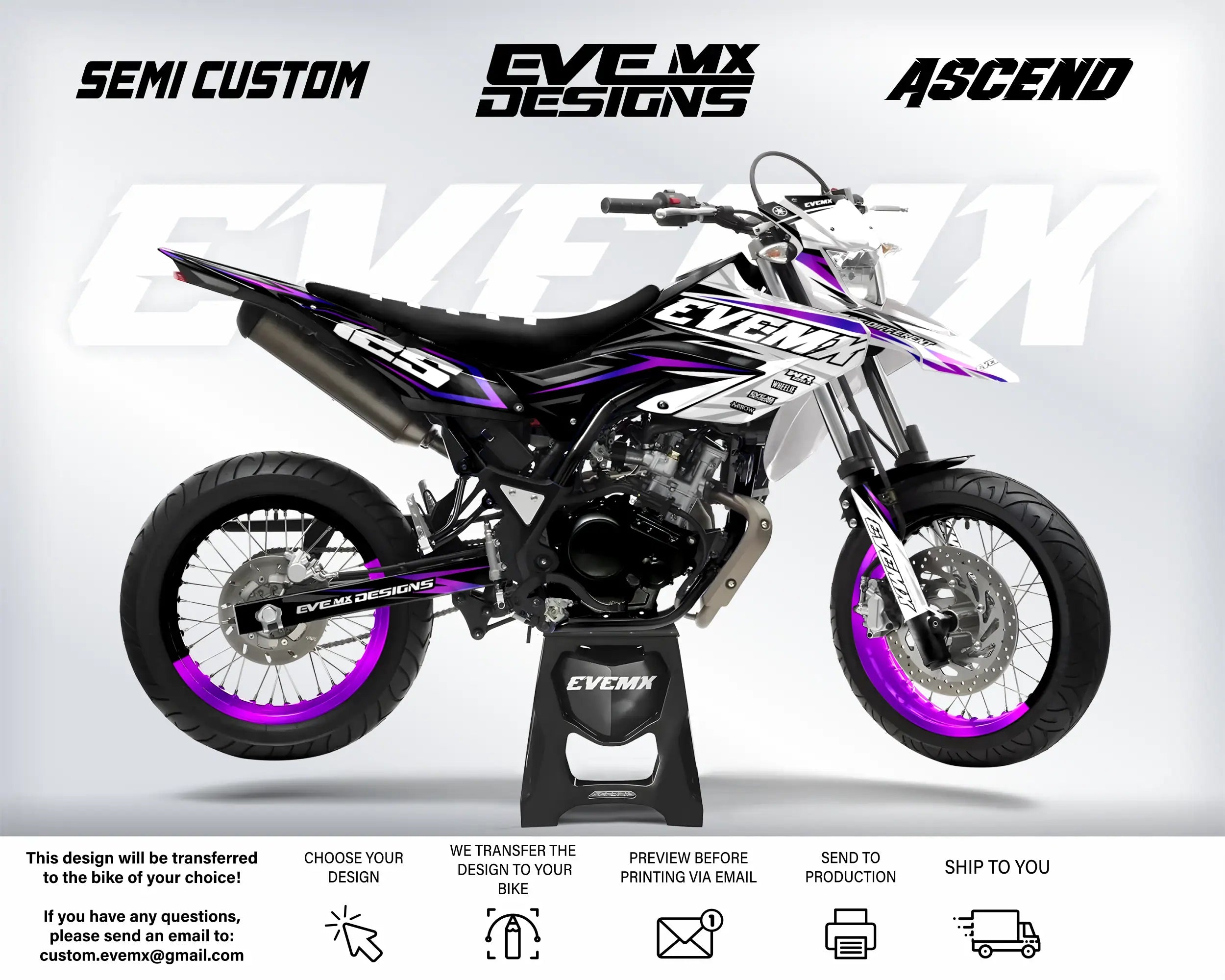 Motorcycle with 'EveMX Designs' branding on a white background
